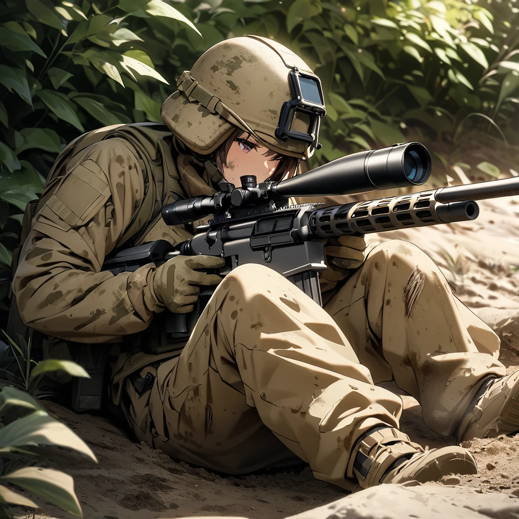 High quality, high definition, high precision images,8k Full HD.1 girl.America,army Modern soldier,Hide in the bushes and assume a sniper position,sniper rifle,Put on a helmet,(camouflage) (Lying on the ground).(Full face camouflage makeup),Covering the body in a giri suit.Brown rabbit, covered in mud、Distant Viewpoint、Numerous scratches and stains on the rifle