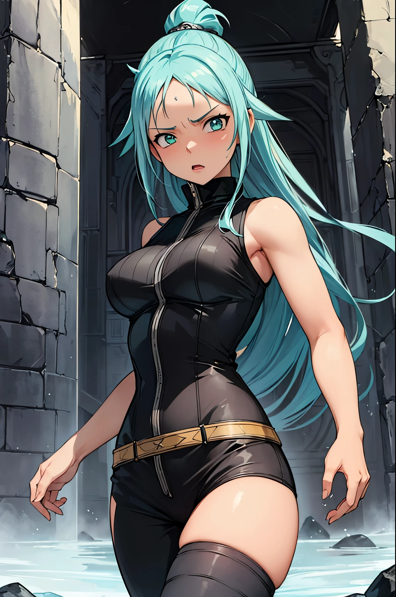 (masterpiece, best quality:1.2), expressive eyes, perfect face, highres, (female:1.5), 1girl, solo, black_star_soul_eater, blue hair, green eyes, long hair, worried face, black bodysuit, blushing, open mouth, standing, cowboy shot, looking at the viewer