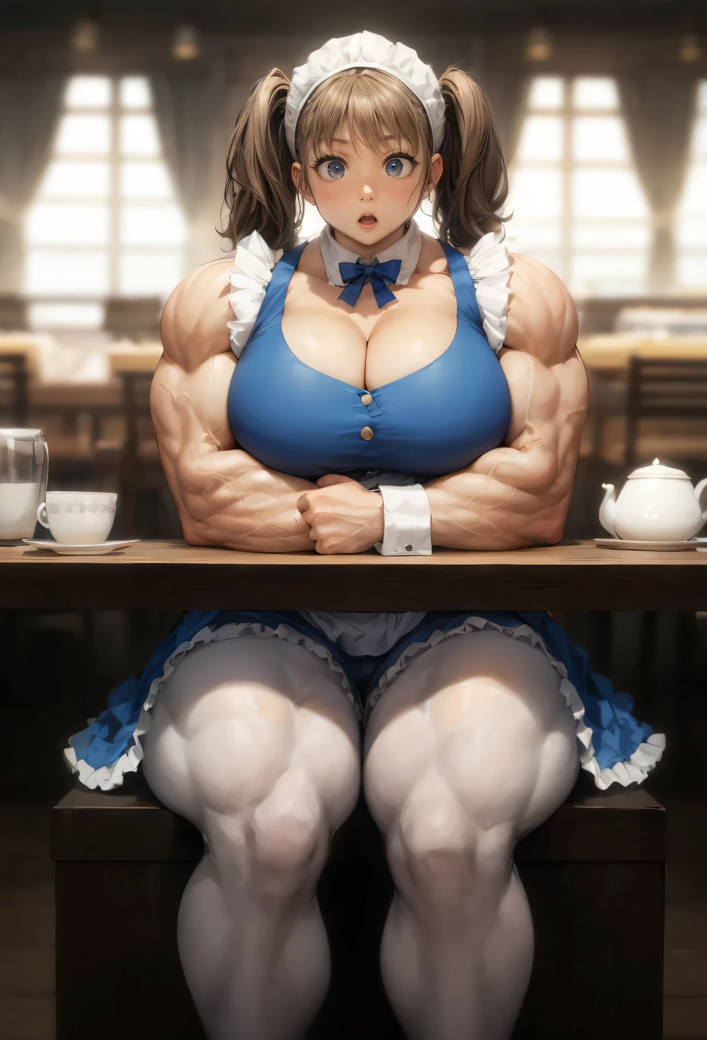 ,girl,, muscular female, alternate muscle size,,muscular ,biceps,muscular thighs,white pantyhose,,open mouth,twintails