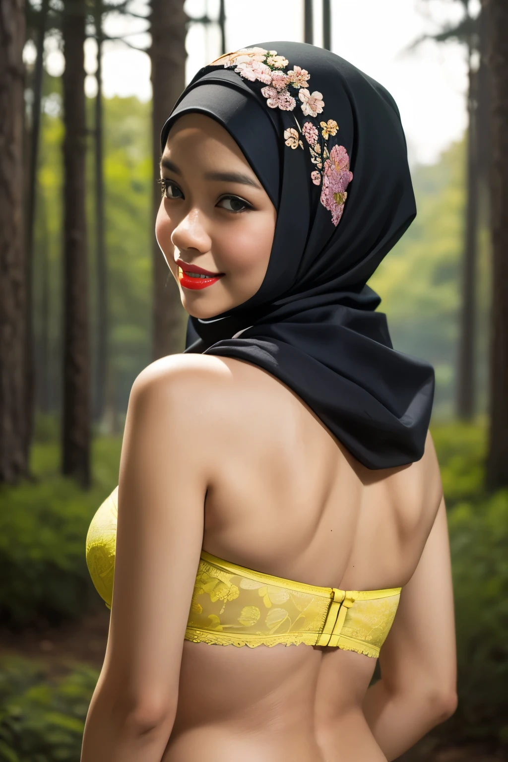 Lace, (Happy smile), (((HIJAB MALAY GIRL))), masutepiece, High quality, UHD 32K, Realistic face, Realistic skin feeling , A Japanese Lady, 8 , , Very cute and baby-like face, (((FLAT CHEST))), (Night time at forest), ((look In front  at the camera and SADNESS)), (((FLUORESCENCE))), (((CUTE GIRL))), ((YELLOW LIPS)), ((Floral Pattern)) little wearing strapless bra, strapless colorful bra, dark night horror scary place (from behind up) seductive pose