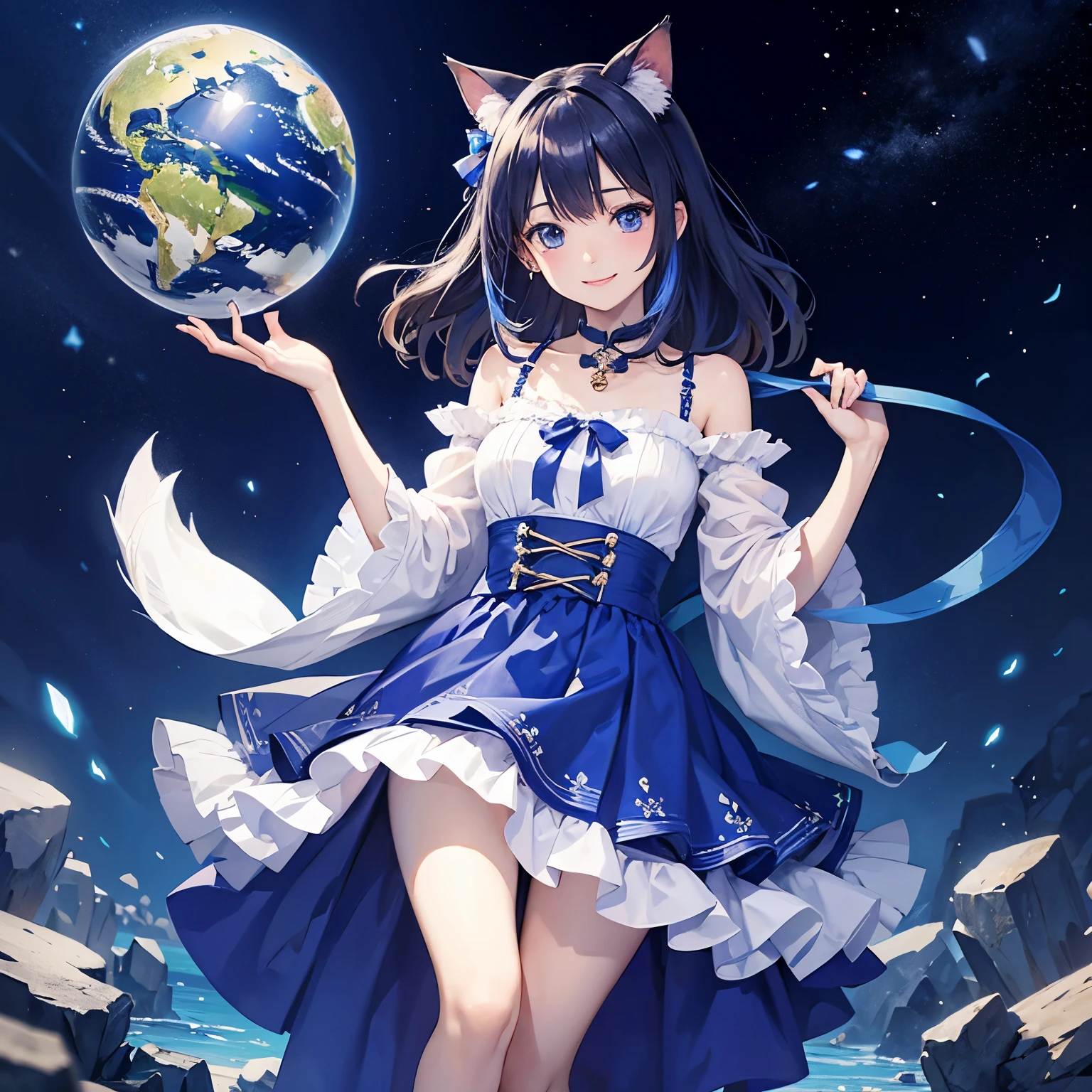 A cat wearing a lapis lazuli ribbon、Lapis Lazuli Hair、Bright blue eyes、Lapis Lazuli Clothes、smile、Holding a globe