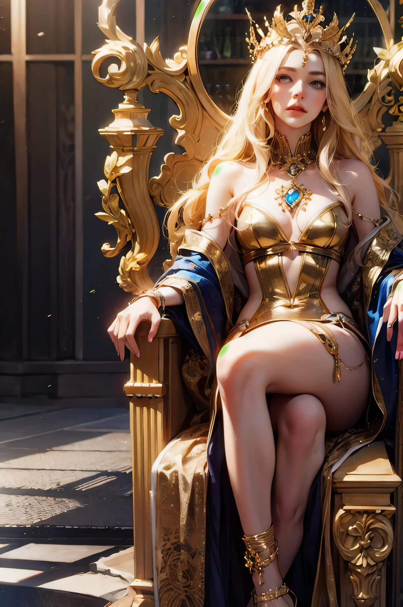 Woman, Linda, queen elf, greeneyes, long, straight, golden hair, a crown on top of her head, gold and ruby ornament on her forehead, bountiful breasts, RPG armor, RPG Clériga, elf ears, leather corset, long robe, jewels and ornaments at the waist, wearing pantyhose, seated on a golden throne with two guardians behind her.