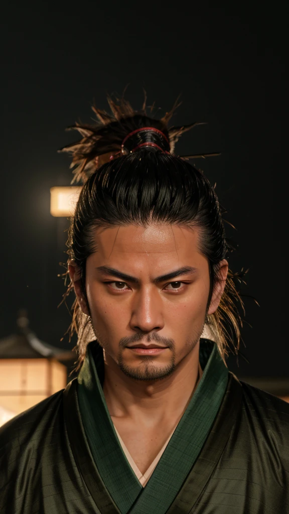 (best quality), high quality, very high resolution, (ultra detailed), 8k, (hyper realistic),Ray Tracing, bushi, Japanese face, long face, samurai, hairstyle, (thin face), a man in a olive green kimono, ronin, (very narrow eyes), drooping eyes, glaring, sarashi, white spats, Zori sandals, New York, night, neon light, samurai hairstyle, Musashi Miyamoto