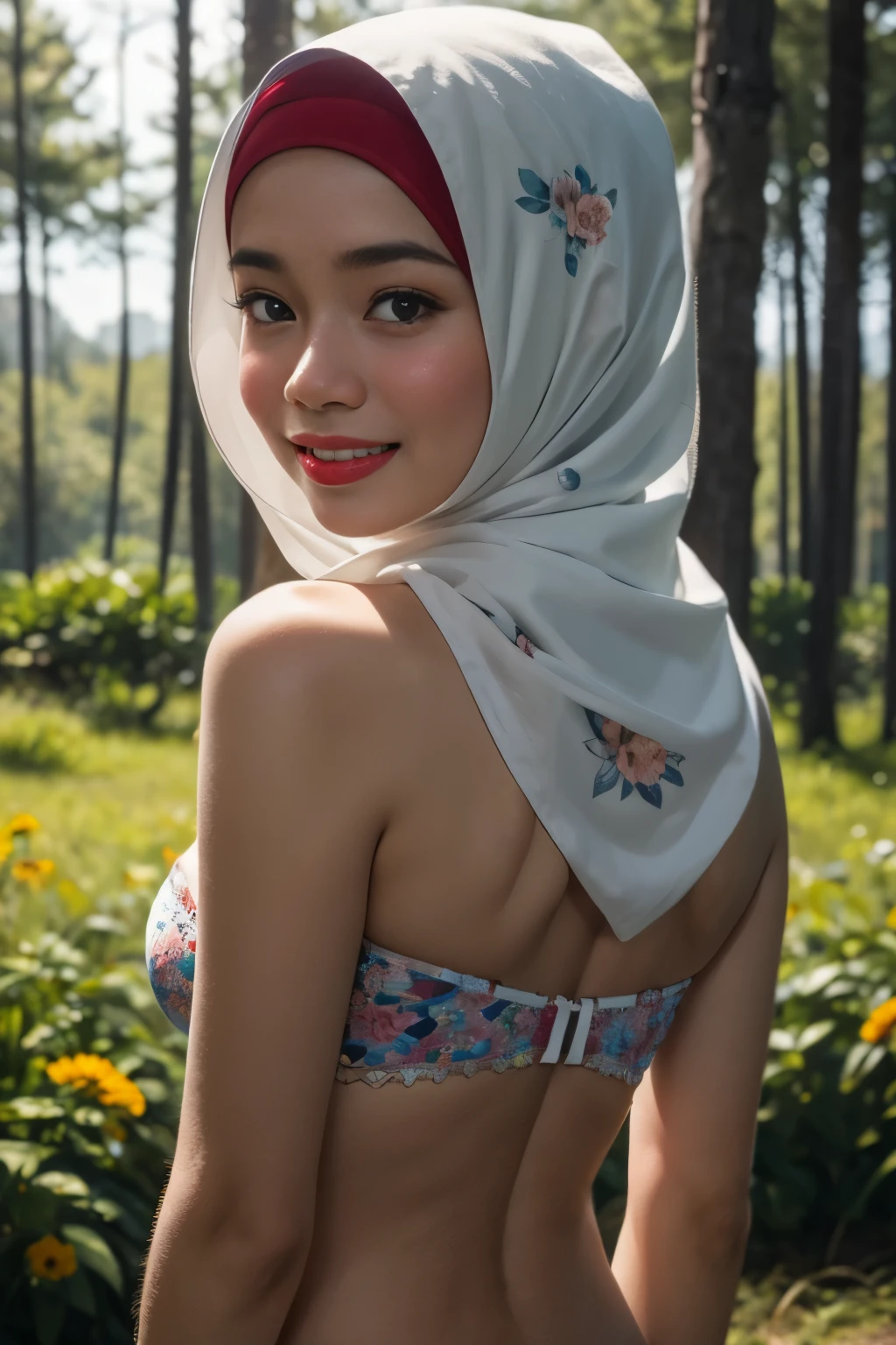 (Happy smile), (((HIJAB MALAY GIRL))), masutepiece, High quality, UHD 32K, Realistic face, Realistic skin feeling , A Japanese Lady, , , Very cute and baby-like face, (((FLAT CHEST))), (Night time at forest), ((look In front at the camera and SADNESS)), ((())), (((CUTE GIRL))), ((RED LIPS)), ((Floral Pattern)) little wearing strapless bra, strapless colorful bra, dark night horror scary place (from behind up) seductive pose