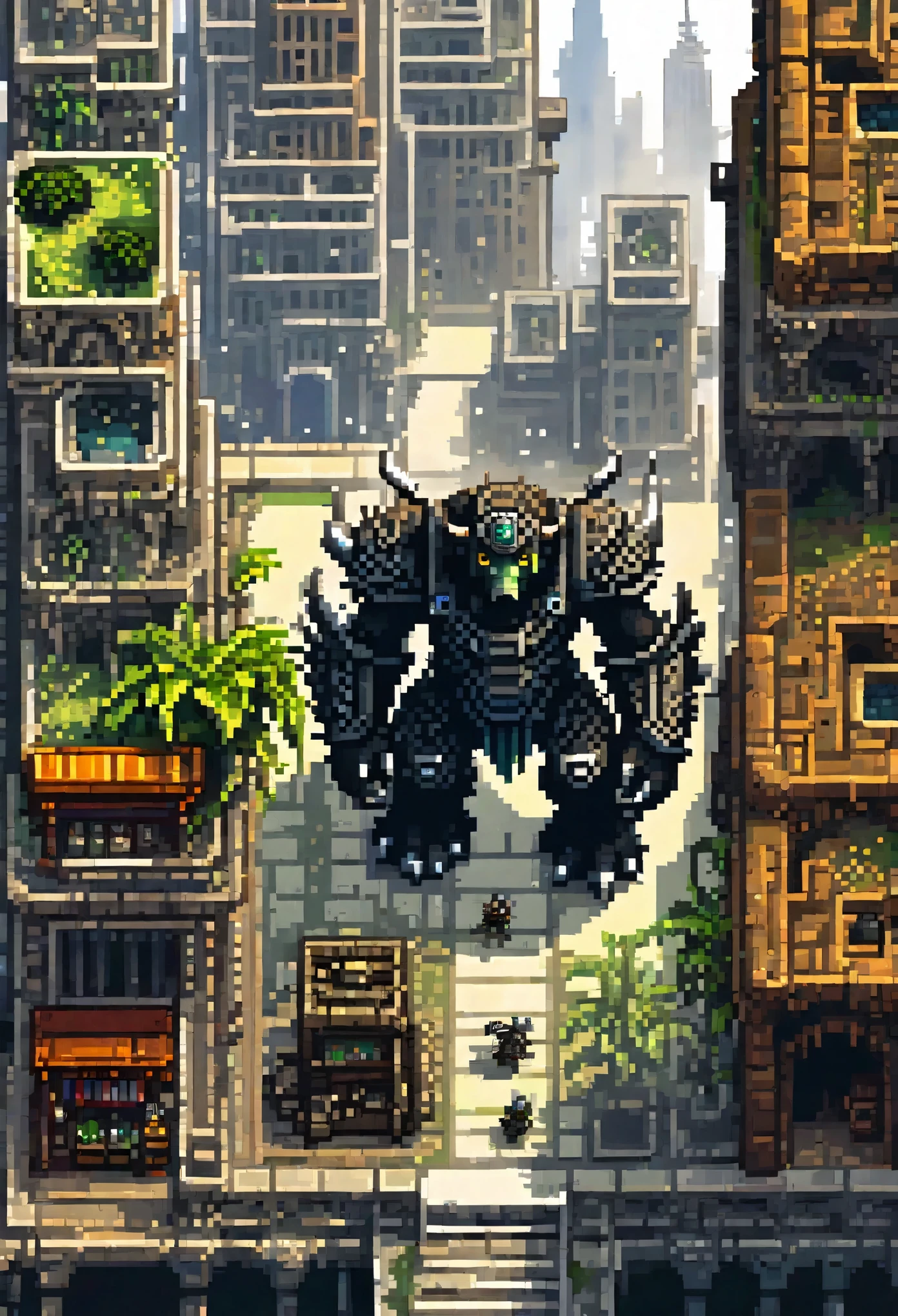 a picture taken from a video game of a giant creature in a city, pixel art by Kubisi art, Artstation contest winner, pixel art, beautiful detailed pixel art, detailed pixel artwork, detailed pixel art, 2 d digital video game art, ultra detailed game art, videogame art, shadow of the colossus, high quality pixel art, epic video game art,