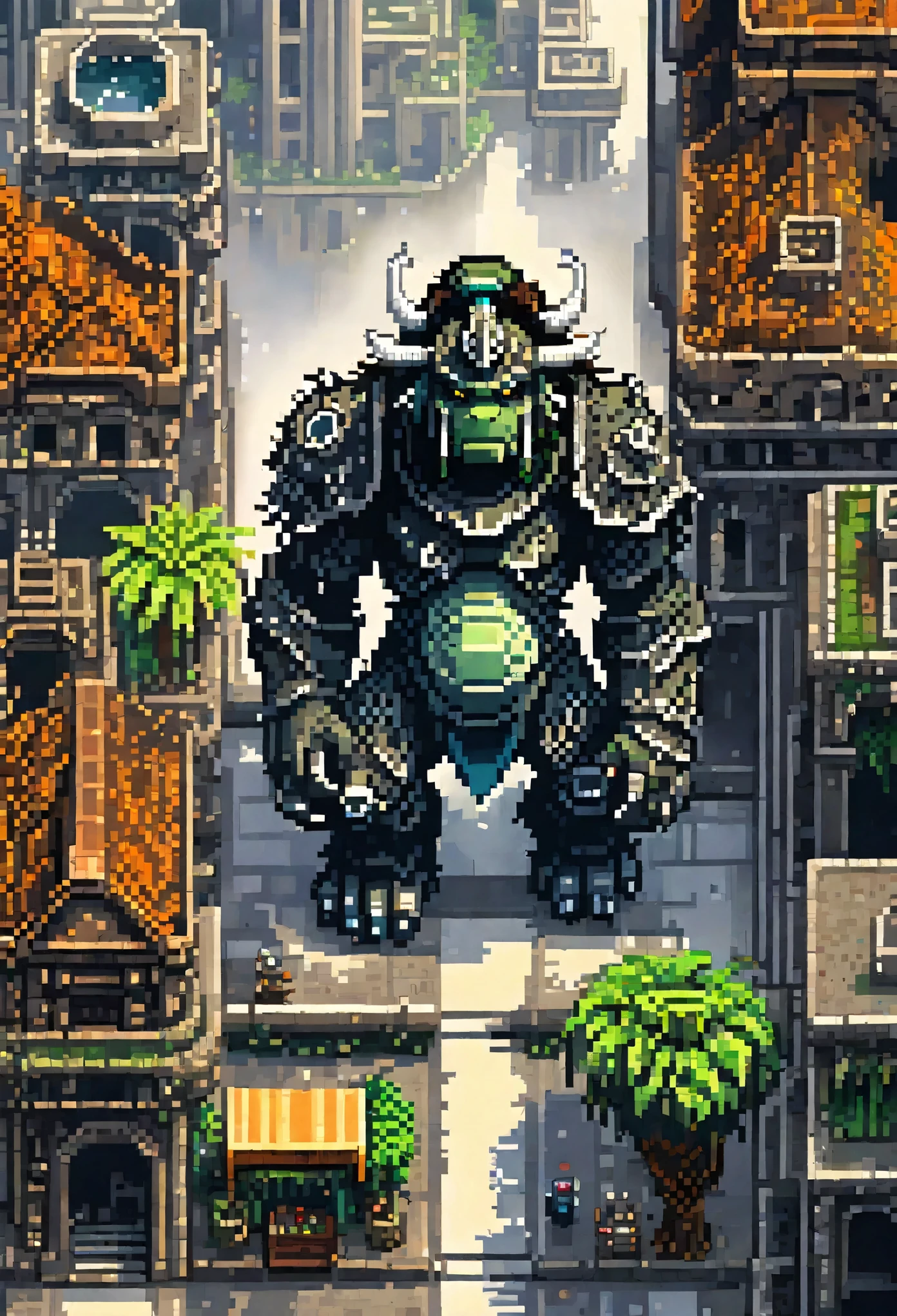 a picture taken from a video game of a giant creature in a city, pixel art by Kubisi art, Artstation contest winner, pixel art, beautiful detailed pixel art, detailed pixel artwork, detailed pixel art, 2 d digital video game art, ultra detailed game art, videogame art, shadow of the colossus, high quality pixel art, epic video game art,