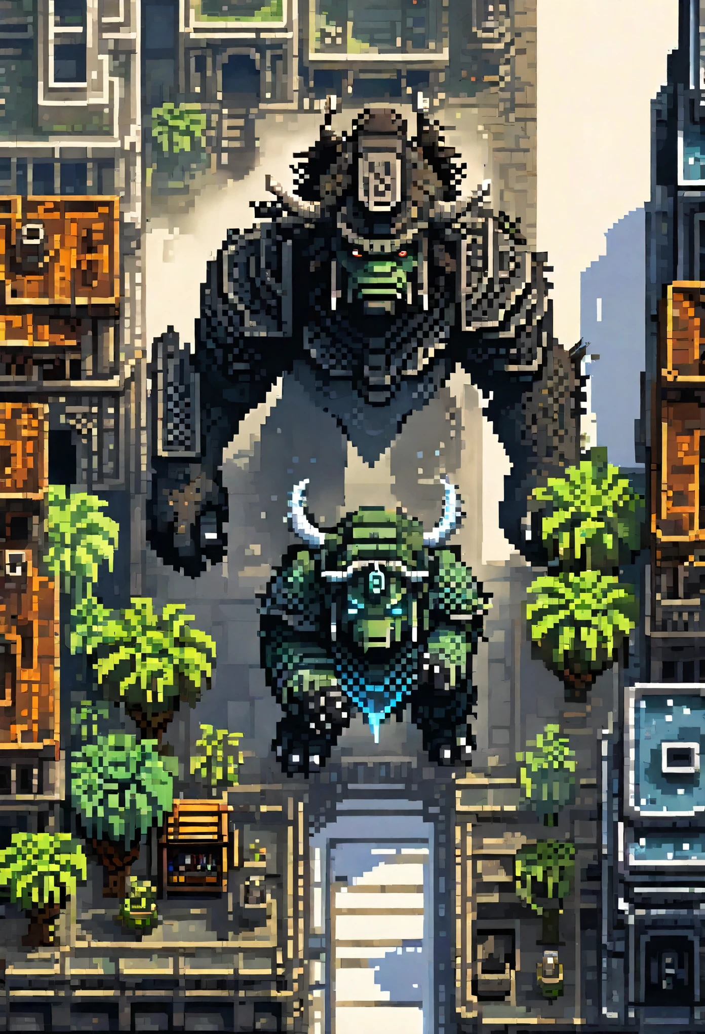 a picture taken from a video game of a giant creature in a city, pixel art by Kubisi art, Artstation contest winner, pixel art, beautiful detailed pixel art, detailed pixel artwork, detailed pixel art, 2 d digital video game art, ultra detailed game art, videogame art, shadow of the colossus, high quality pixel art, epic video game art,