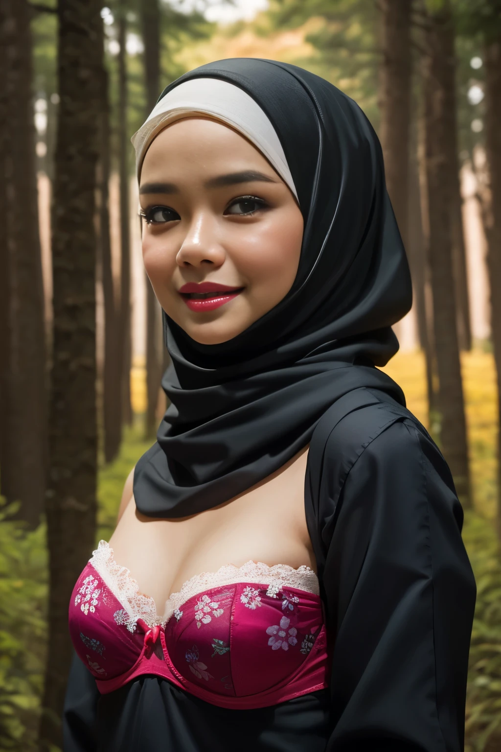  asian girl, hijab, naked, smile,  forest, nsfw, hands behind back