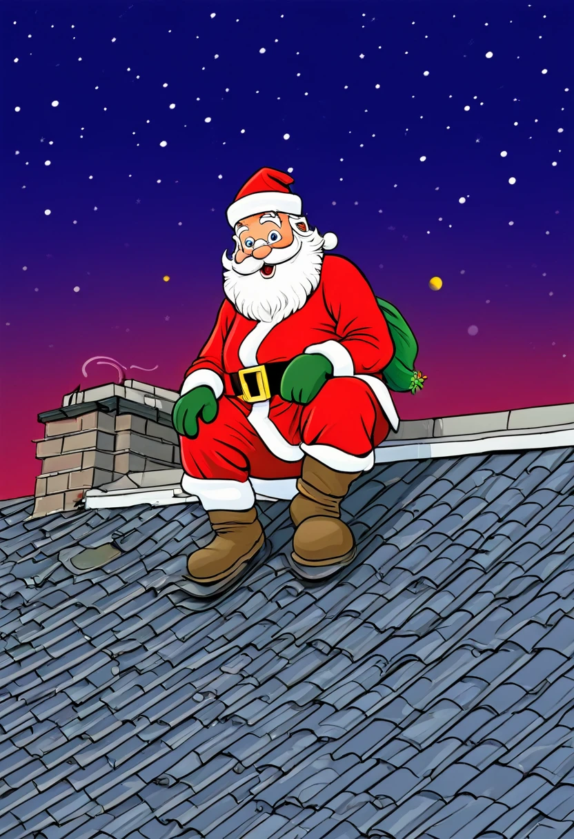 Santa Claus on rooftop, cartoon,