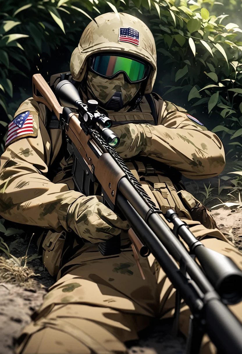 High quality, high definition, high precision images,8k Full HD.1 girl.America,army Modern soldier,Hide in the bushes and assume a sniper position,sniper rifle,Put on a helmet,(camouflage) (Lying on the ground).(Full face camouflage makeup),Covering the body in a giri suit.Brown rabbit, covered in mud、Distant Viewpoint、Numerous scratches and stains on the rifle、A large camouflage backpack on his back,