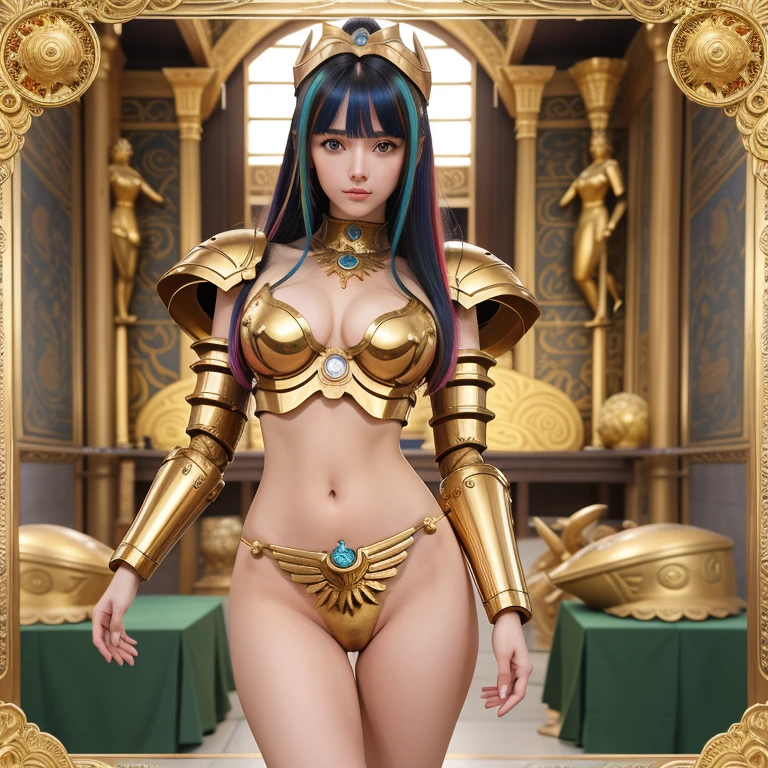 une femme, 25 ans, manga, cheveux longs, cheveux multicolores, sexy, high level of detail, saint seiya, armure, signes du zodiaque, Grèce antique, temple antique, armure du zodiac, zodiac cloth, Carved, armure de Thanatos