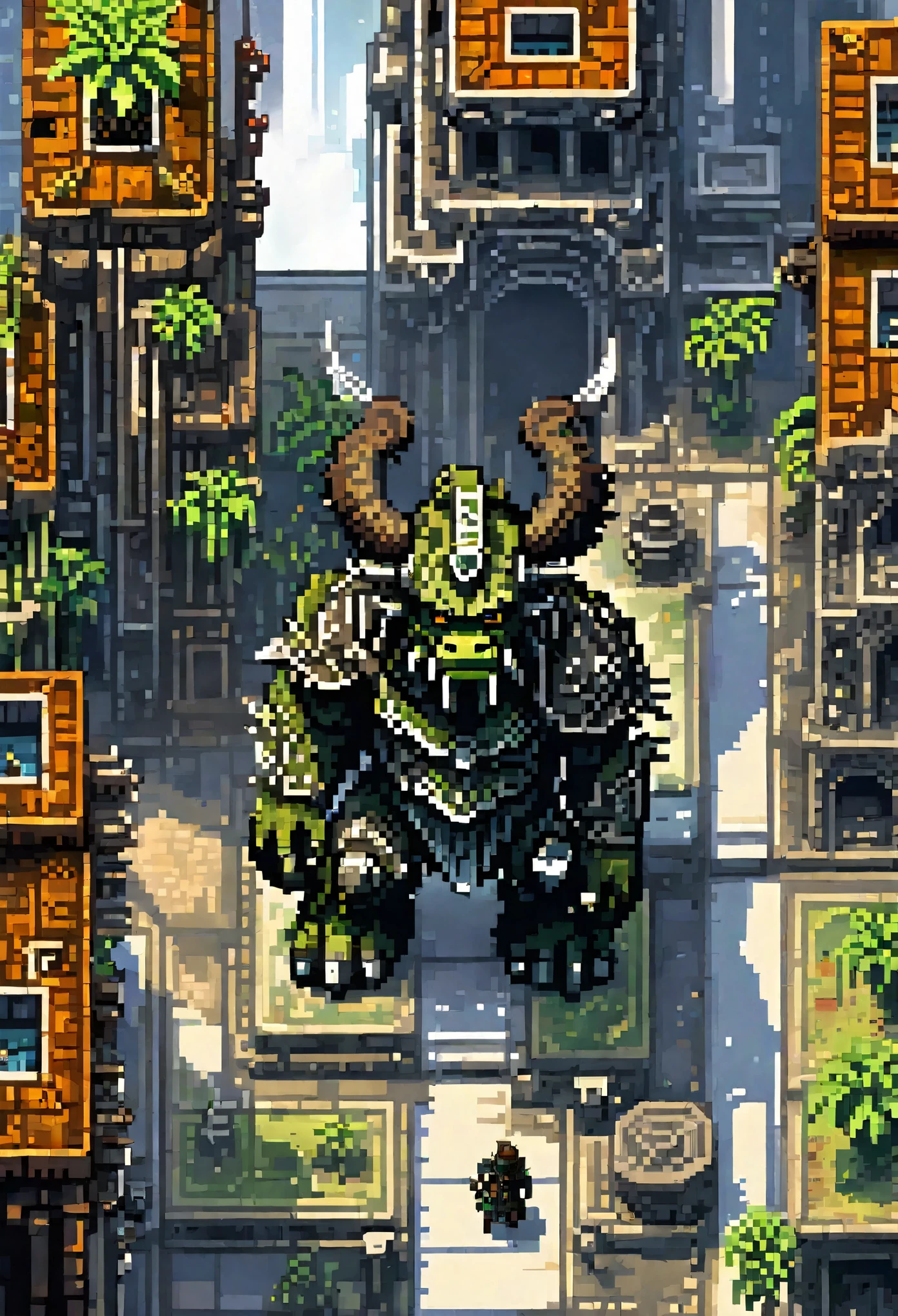 a picture taken from a video game of a giant creature in a city, pixel art by Kubisi art, Artstation contest winner, pixel art, beautiful detailed pixel art, detailed pixel artwork, detailed pixel art, 2 d digital video game art, ultra detailed game art, videogame art, shadow of the colossus, high quality pixel art, epic video game art,