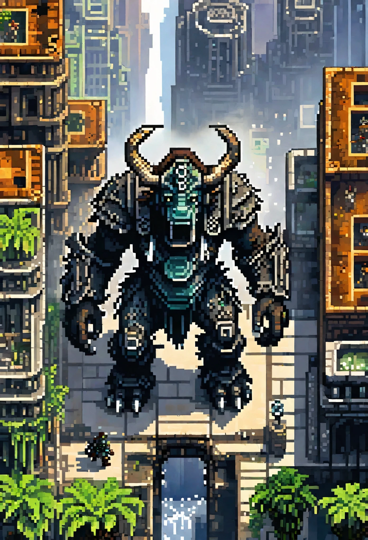 a picture taken from a video game of a giant creature in a city, pixel art by Kubisi art, Artstation contest winner, pixel art, beautiful detailed pixel art, detailed pixel artwork, detailed pixel art, 2 d digital video game art, ultra detailed game art, videogame art, shadow of the colossus, high quality pixel art, epic video game art,