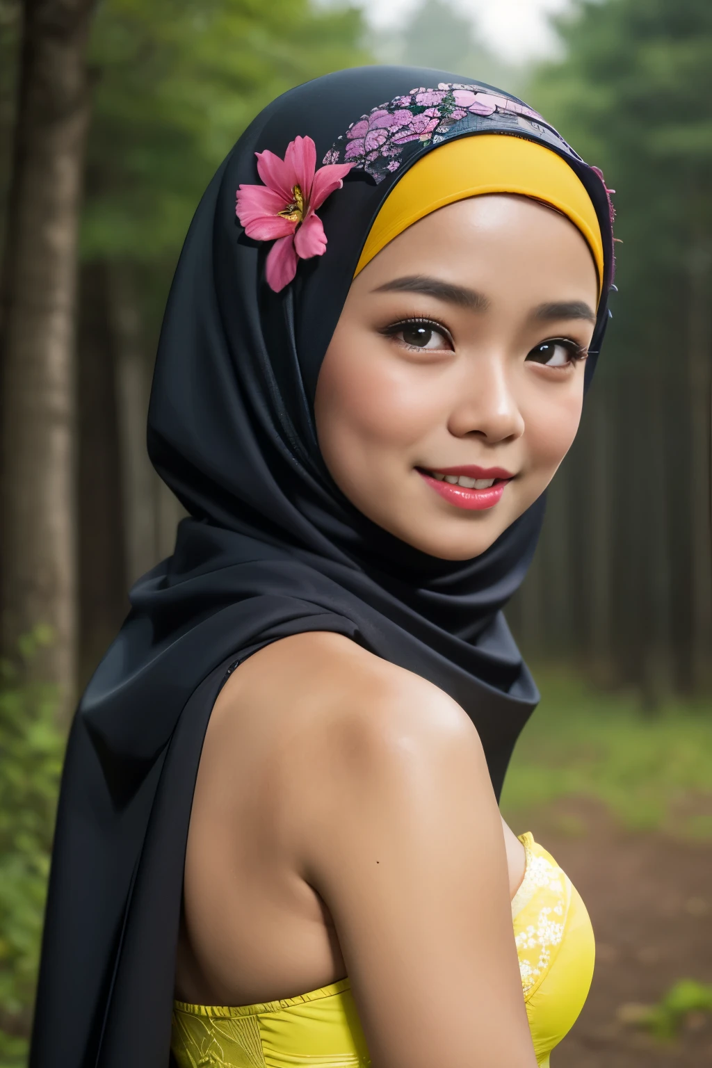 Lace, (Happy smile), (((HIJAB MALAY GIRL))), masutepiece, High quality, UHD 32K, Realistic face, Realistic skin feeling , A Japanese Lady, 8 , , Very cute and baby-like face, (((FLAT CHEST))), (Night time at forest), ((look In front at the camera and SADNESS)), (((FLUORESCENCE))), (((CUTE GIRL))), ((YELLOW LIPS)), ((Floral Pattern)) little wearing strapless bra, strapless colorful bra, dark night horror scary place (from behind up) seductive pose