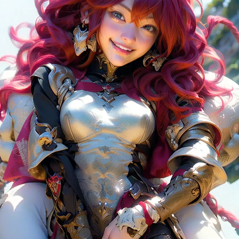 (masterpiece), (Very complicated:1.3), (Realistic), Medieval Armor, reflection,sunlight, Beautiful woman,  Perfect Face，whole body，sunlight，Fighting，Swinging a Sword，High leg，wilderness， smile，red sonja，Medieval castle，