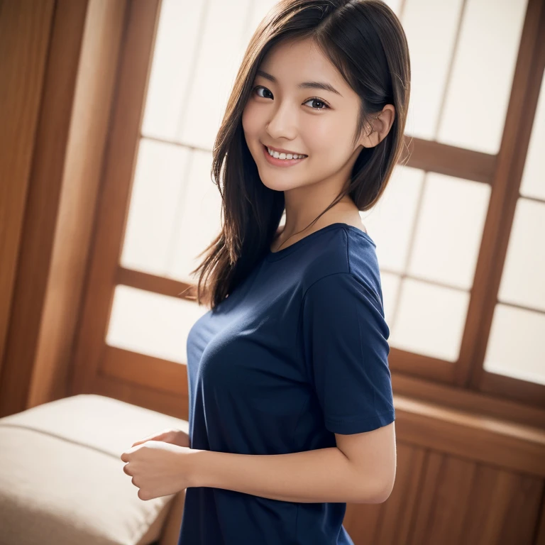 The face of a young, beautiful Japanese woman wearing a plain navy blue T-shirt, standing, looking back and smiling. Focal length 100mmf/2.8, spring night, living room on the upper floor of a high-rise apartment, well-shaped face, toned body, plain navy blue T-shirt, naked lower body, pubic hair, female genitals, close-up of eyes, overhead view, sense of presence, 8K image quality, highest quality.