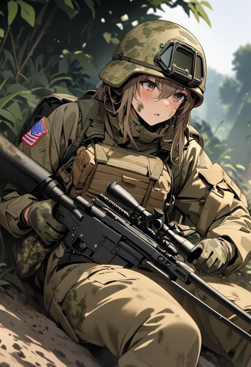 High quality, high definition, high precision images,8k Full HD.1 girl.America,army Modern soldier,Hide in the bushes and assume a sniper position,sniper rifle,Put on a helmet,(camouflage) (Lying on the ground).(Full face camouflage makeup),Covering the body in a giri suit.Brown rabbit, covered in mud、Distant Viewpoint、Numerous scratches and stains on the rifle、A large camouflage backpack on his back,