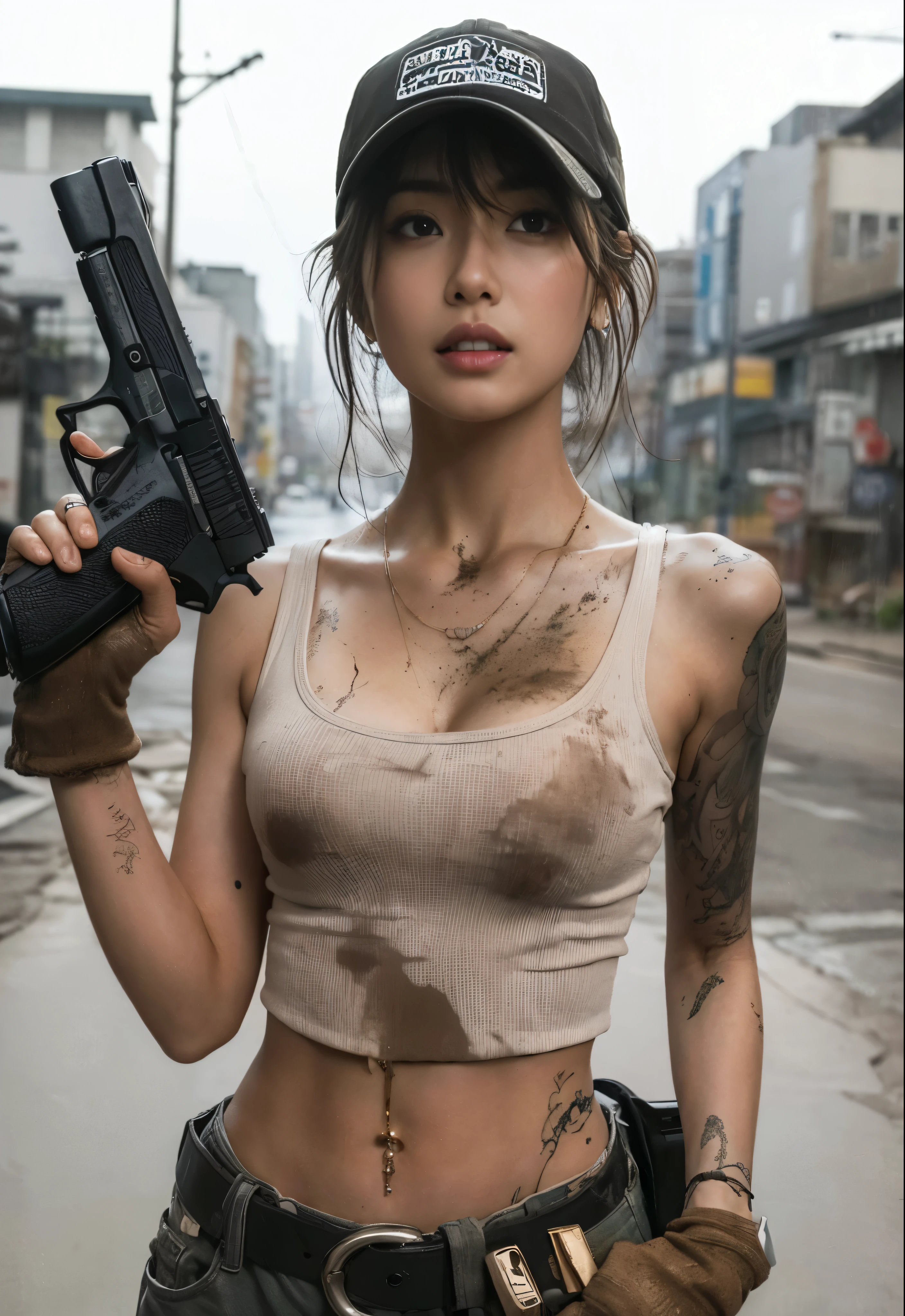 (best quality,Practical,photoPractical:1.37),detailed portrait,Japanese women living in the United States,Wearing an oversized T-shirt with stains and tears,Baseball cap,Dirty Vans high-top sneakers,Holding a Wesson M442 compact revolver in his hand,One hand holding a skateboard,My clothes got wet on a rainy day,chaotic city scene,Tattoo,cool poses and composition,Delicate skin texture
【Notice】The prompts generated for each execution may be different..,But all meet the requirements,Please adjust as needed。