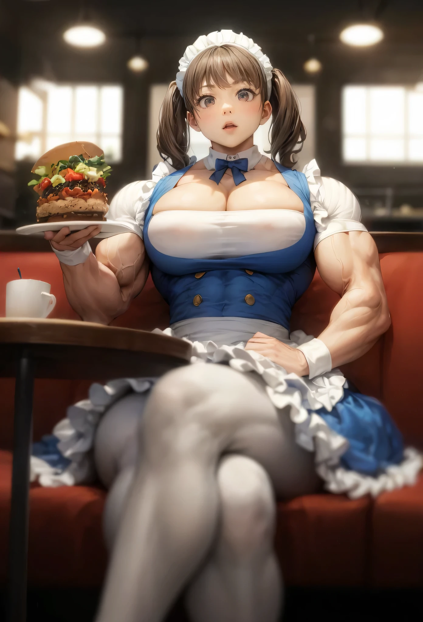,girl,, muscular female, alternate muscle size,,muscular ,biceps,muscular thighs,white pantyhose,,open mouth,twintails