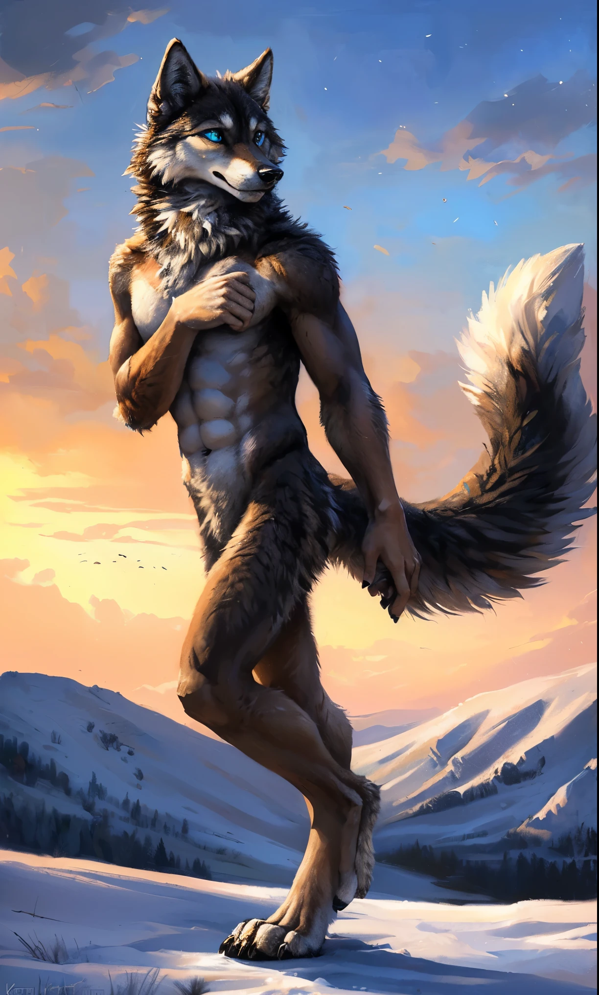 ((Solo)), male people, anthro wolf, (Multi-colored fur, White-brown:1.3，White tail pointed), (Height 2.1m,Tail length 1.5m), ((Wolf face, Big eyes, White eyelids, Blue pupil, Slim:1.2) (Tough, Calm expression:1.2)), Abs, Slim, pinging)), (Correct anatomy), Naked all over the body,A long big tail，Feet，(Realistic fur, Detailed fur texture, labeled:1.3)), (Natural lighting), Photorealistic, Hyperrealistic, ultradetailed, by Kenket，Snowfield，No artifacts, Walking