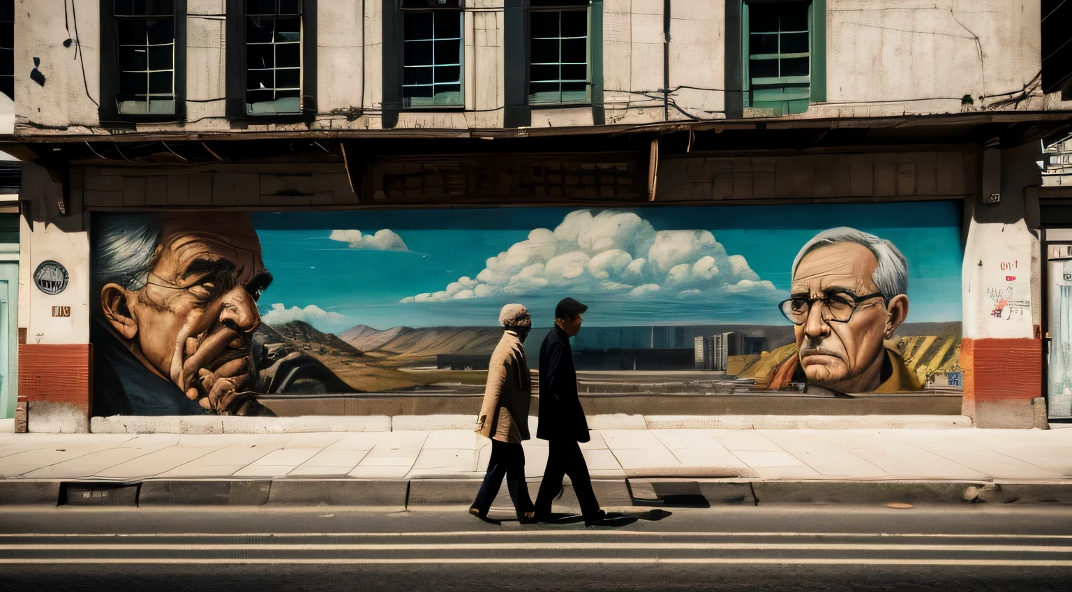 "A old men passing by a deserted street in Seattle, Washington, with a mural (old wall) depicting torn hearts on an outdoor billboard. (best quality, highres), with ultra-detailed and realistic portrayal, showcasing the vibrant colors and bokeh effect. The mural is created with a mix of painting and illustration techniques, giving it an artistic touch. The street is empty, emphasizing the desolation and loneliness. The old wall showcases a weathered texture, adding character to the scene. The lighting is dramatic, casting long shadows on the wall and creating a sense of mystery. The overall color tone is somber, with a hint of melancholy. The old men walking past the mural is wearing casual attire, conveying a sense of solitude and contemplation. The mural acts as a visual representation of heartbreak and emotional vulnerability, setting a poignant tone for the artwork. The composition of the image is carefully framed to capture the essence of the deserted street and the emotional impact of the mural's imagery.