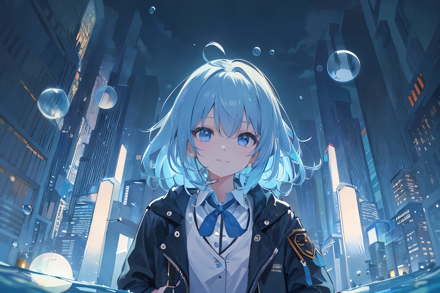 ((top-quality)), ((masterpiece)), ((ultra-detailliert)), (extremely delicate and beautiful), girl with, solo, cold attitude,((Black jacket)),She is very(relax)with the(Settled down)Looks,A dark-haired, depth of fields,evil smile,Bubble, under the water, Air bubble,bright light blue eyes,Inner color with light blue hair and dark blue tips,Cold background,Bob Hair - Linear Art, shortpants、knee high socks、White uniform like 、Light blue ribbon ties、Clothes are sheer、Hands in pockets