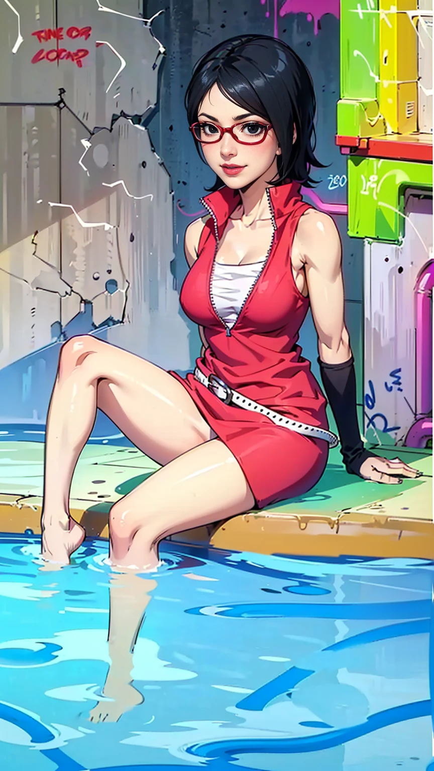 (1girl, Alone, alone), (WakatsukiRisa, Sarada uchiha, black hair, short hair, Black eyes, red glasses), ((Alone, (1woman, pink lipstick, Black eyes), extremely detailed , Soft ambient lighting, 4K, perfect eyes, a perfect face, Perfect Lighting, the 1 girl)), ((fitness, , shapely body, athletic body, toned body)) , ((sitting on the edge of a pool, red dress, graffiti wall, white belt, legs in the water, black gloves, shy smile))