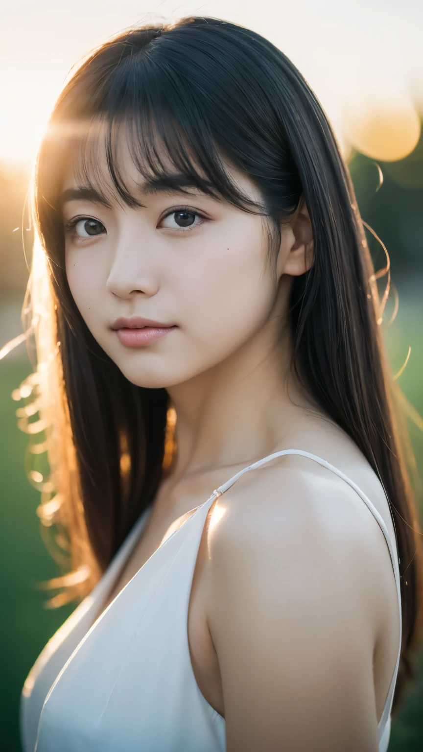 (logo、masterpiece、8k、Tabletop、RAW Photos、wonderful、最high quality、フォトリアリスティックでVery detailedな CG 統合 8k 壁紙、high quality、Very detailed、Narrative poem、Particle Effects、Dynamic Effects、Written boundary depth、Cinematic Light、Lens flare、Ray Tracing)、Fantasy、 (One beautiful woman、dress、白いdress、white dress、Black-haired、Beautiful Face、True Face、Beautiful details、eye、Beautiful Skin)、髪がWindで踊る、Hair flutters in Wind、Hair bounces、Pink cherry blossom tree、Petals fluttering、SakuraFubuki、wonderful景色、sunrise、Sun in the background、Wind