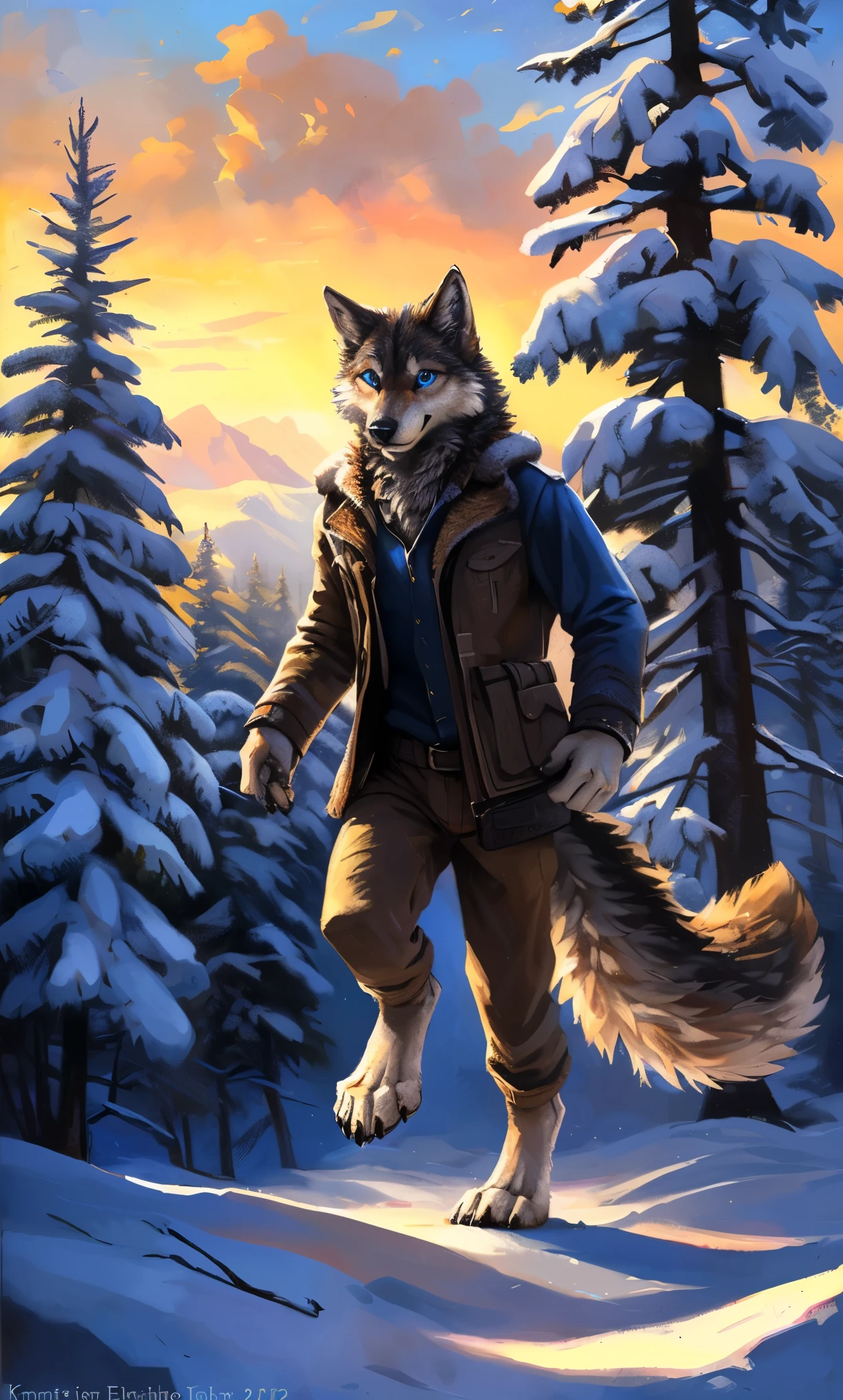 ((Solo)), male people, anthro wolf, (Multi-colored fur, White-brown:1.3，White tail pointed), (Height 2.1m,Tail length 1.2m), ((Wolf face, Big eyes, White eyelids, Blue pupil, Slim:1.2) (Tough, Calm expression:1.2)), Slim, pinging)), (Correct anatomy), (Winter clothing:1.1), The upper body  naked, (detailed outfits),A long big tail，Feet，(Realistic fur, Detailed fur texture, labeled:1.3)), (Natural lighting), Photorealistic, Hyperrealistic, ultradetailed, by Kenket，Snowfield，erect through，Running on