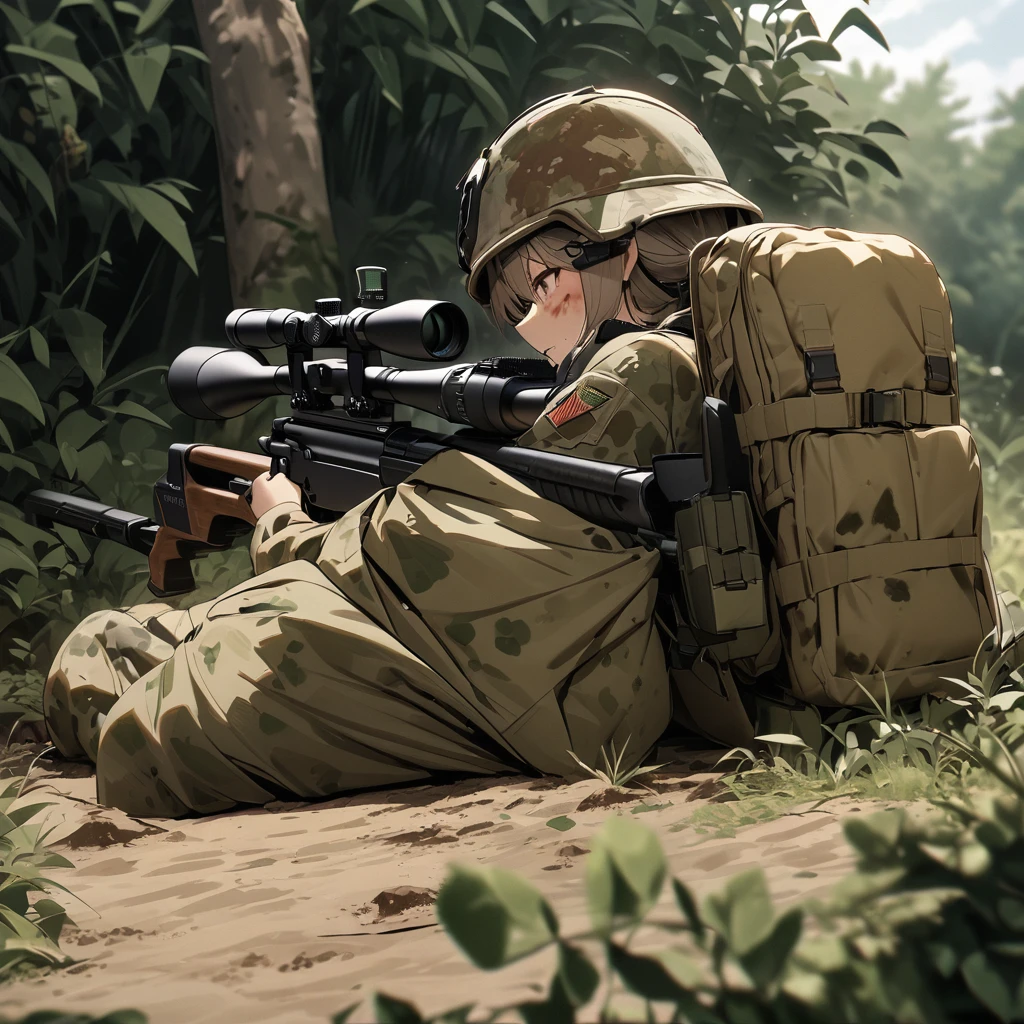 High quality, high definition, high precision images,8k Full HD.1 girl.America,army Modern soldier,Hide in the bushes and assume a sniper position,sniper rifle,Put on a helmet,(camouflage) (Lying on the ground).(Full face camouflage makeup),Covering the body in a giri suit.Brown rabbit, covered in mud、Distant Viewpoint、Numerous scratches and stains on the rifle、A large camouflage backpack on his back,