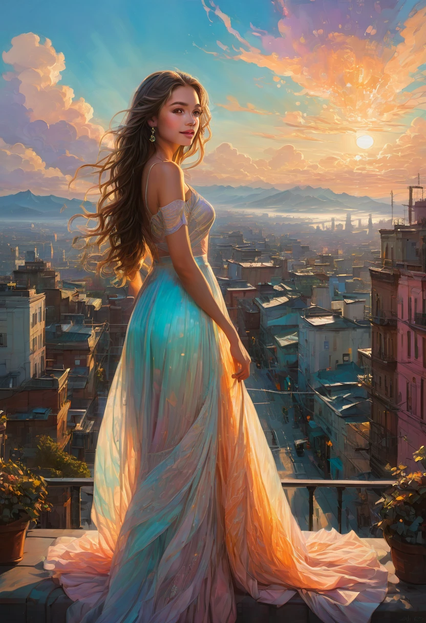 1girl,Person Standing on the Rooftop,aesthetic,scenic view,beautiful detailed eyes, beautiful detailed lips,captivating gaze,happy face,long flowing hair,graceful posture,aesthetic,artistic background,medium: oil painting,ultra-detailed,highres,vivid colors,soft light,peaceful atmosphere,(realistic:1.37),urban environment,modern city skyline, rooftops, distant mountains,sunrise or sunset, slight fog,serene and dreamy,ethereal atmosphere,intricate details,professional,expressive brushstrokes,subtle textures,impressionistic style,art deco influence,intriguing color palette,soft pastel shades,dramatic contrast,romantic elements,inspirational and thought-provoking,fluorescent hues,quirky perspective.
