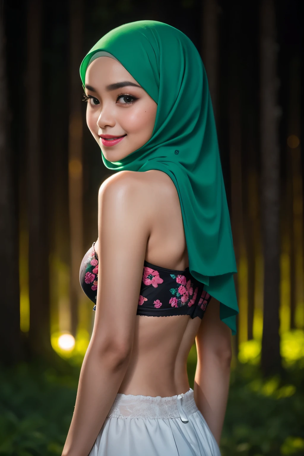 (Happy smile), (((HIJAB MALAY GIRL))), masutepiece, High quality, UHD 32K, Realistic face, Realistic skin feeling , A Japanese Lady, 8 years old, , Very cute and baby-like face, (((FLAT CHEST))), (Night time at forest), ((look In front at the camera and SADNESS)), (((GREEN FLUORESCENT))), (((CUTE GIRL))), ((GREEN FLUORESCENT LIPS)), ((Floral Pattern)) little wearing strapless bra, strapless colorful bra, dark night background , black forest night, horror scary place (from behind up) seductive pose