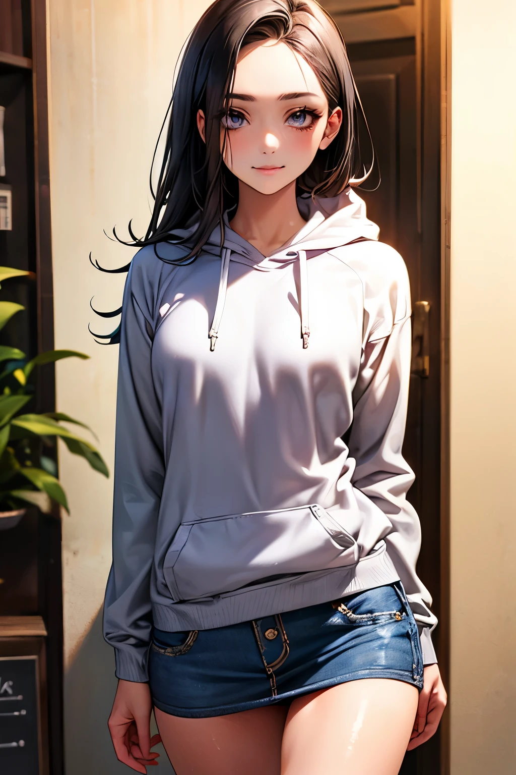 (masutepiece:1.5)、(top-quality:1.5)、(16k wallpaper:1.2)、(Photorealsitic:1.2)、(ultra-detailliert:1.2)、(超A high resolution:1.uper-detaild skin、Detailed and clean eyes、Inside the changing room、Natural Color Lip、Semi-long bob hair、large full breal body like、Cute smile、Changing clothes、White Zip Up Hoodie、Black swimsuit for lace、(Crowd of men)、Full body like、kawaii pose