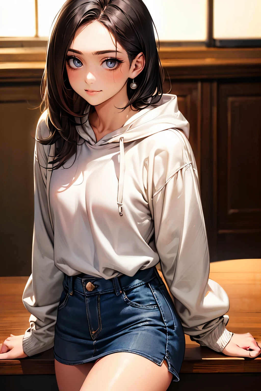((perfect anatomy,realistic:1.3,RAW Photography:1.3,masterpiece、highest quality、Ultra - High resolution、High resolution、Highly detailed CG、8K)),cowboy shot,1 female,solo,18-year-old、High school girl swordsman、18-year-oldの美女,Japanese,((beautiful detailed face and eyes:1.3,big gorgeous eyes:1.3,gray eyes)),black hair,long bob hair,(center parted hair,forehead),shy,smile,(medium breasts,slender body,small head:1.3,skinny),((oily skin)),(gleaming skin,shiny skin),(white hoodie sweat shirt,Denim mini skirt、White socks、white sneakers),Coffee shop、Tokyo、