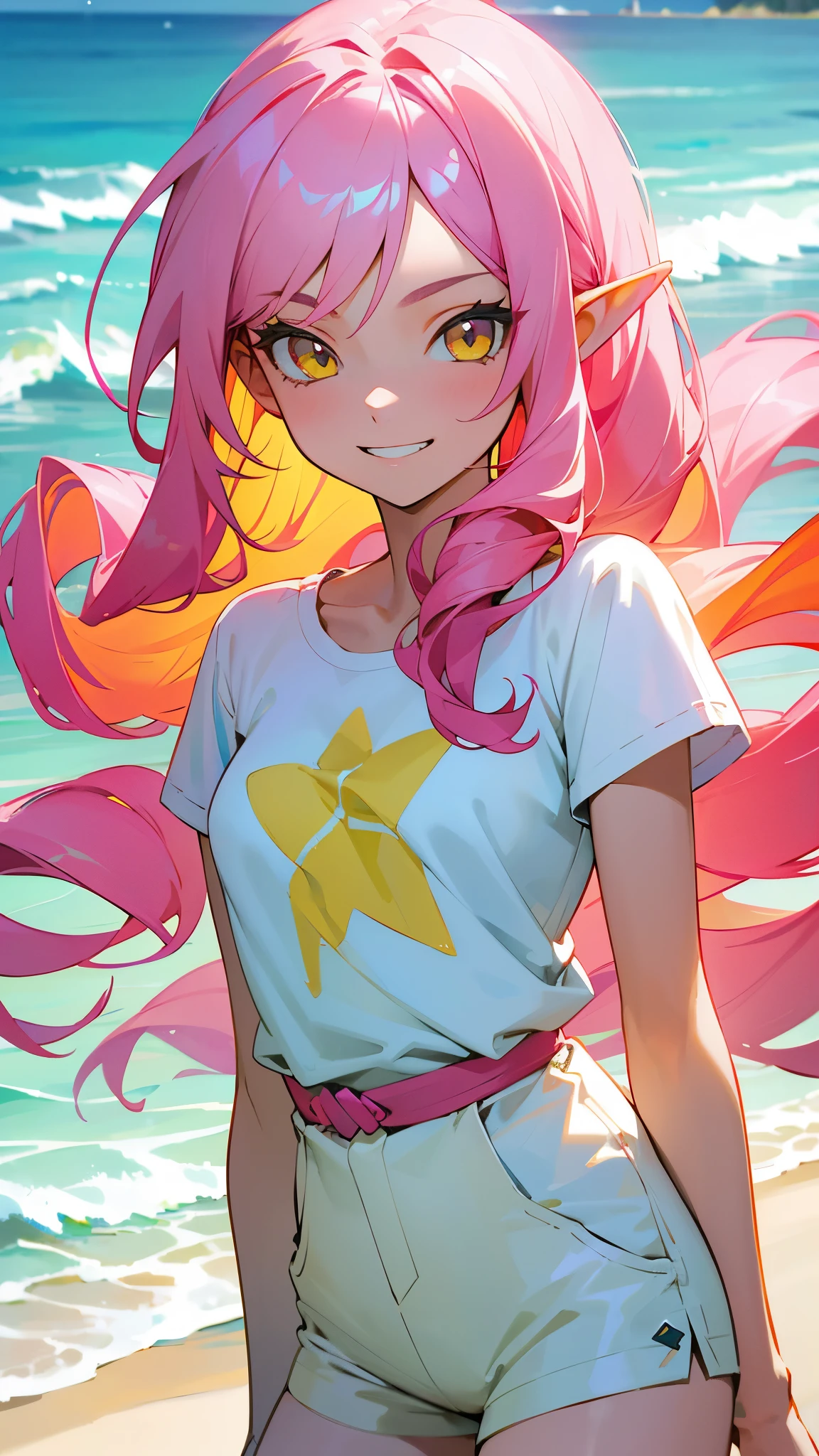 STICKER, (solid outline:1.3), (NSFW:1.2), A detailed illustration of a vivid Sunset Shimmer kneeling down topless, full-Length, Sunsethuman, Sunset Shimmer breasts exposed, Sunset Shimmer from my little pony, Sunset Shimmer in the form of a girl, big breasts, lush breasts, voluminous breasts, firm breast, detailed hands, two tones of hair, red and yellow hair, solo, one character, medium body, turquoise eyes, gentle smile, simple sunset, very beautiful fantasy art, beautiful and elegant female pony girl, red and yellow colour palate, red and yellow colour-theme, vintage t-shirt design, in the style of hand drawing, 3D vector art, fantasy art, watercolour effect, Adobe Illustrator, hand-drawn, digital painting, low-poly, soft lighting, isometric style, retro aesthetic, focused on the character, 4K resolution