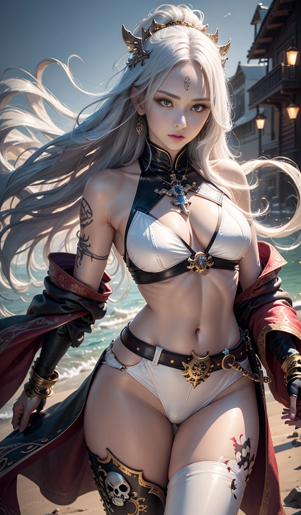 Whole Body Ezbian, highest quality, Exquisitely rendered skin, Shiny skin, Shiny Hair, Pale complexion,Big Same), The sky turns red, Red Moon,beach,Water's Edge, ((Skull mark)), ambitious, Captivating woman, Mixed gray hair, Long Hair, Hair blowing in the wind, Detailed cross tattoo, white leather clothes, Red sleeveless clothes, White leather coat, Leather gloves, Pure Gold Bracelet, white leather pants, have, (Leather Belt), Watching from afar