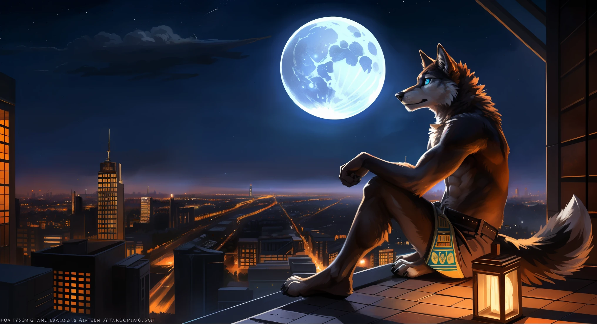 ((Solo)), male people, anthro wolf, (Multi-colored fur, White-brown:1.3), ((Wolf face, Big eyes, White eyelids, Blue pupil, Slim:1.2) (Tough, Calm expression:1.2)), (Height 2.1 meters,Tail length 1.5m), Abs, Slim, pinging, (Correct anatomy), (Contour bone:1.2), The upper body is naked, (detailed outfits), a long large tail,Feet,(Realistic fur, Detailed fur texture, labeled:1.3)), (Natural lighting), Photorealistic, Hyperrealistic, ultradetailed, by Kenket,In the modern city,Roof,the night,Sit alone,Look at the full moon,It was dark,Starry