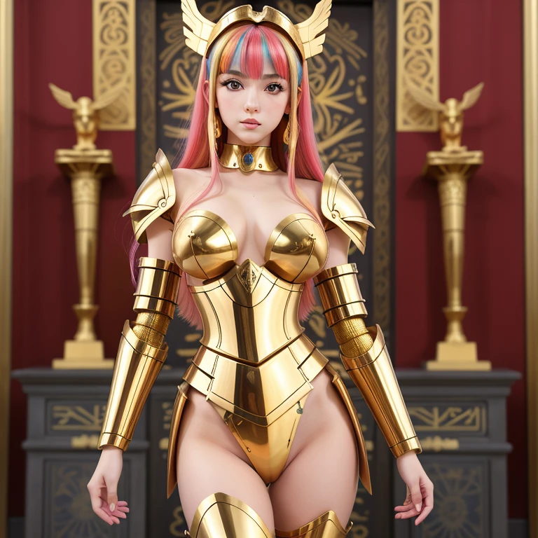 une femme, 25 ans, manga, cheveux longs, cheveux multicolores, , high level of detail, saint seiya, armure, signes du zodiaque, Grèce antique, temple antique, armure du zodiac, zodiac cloth, Carved, armure de Thanatos