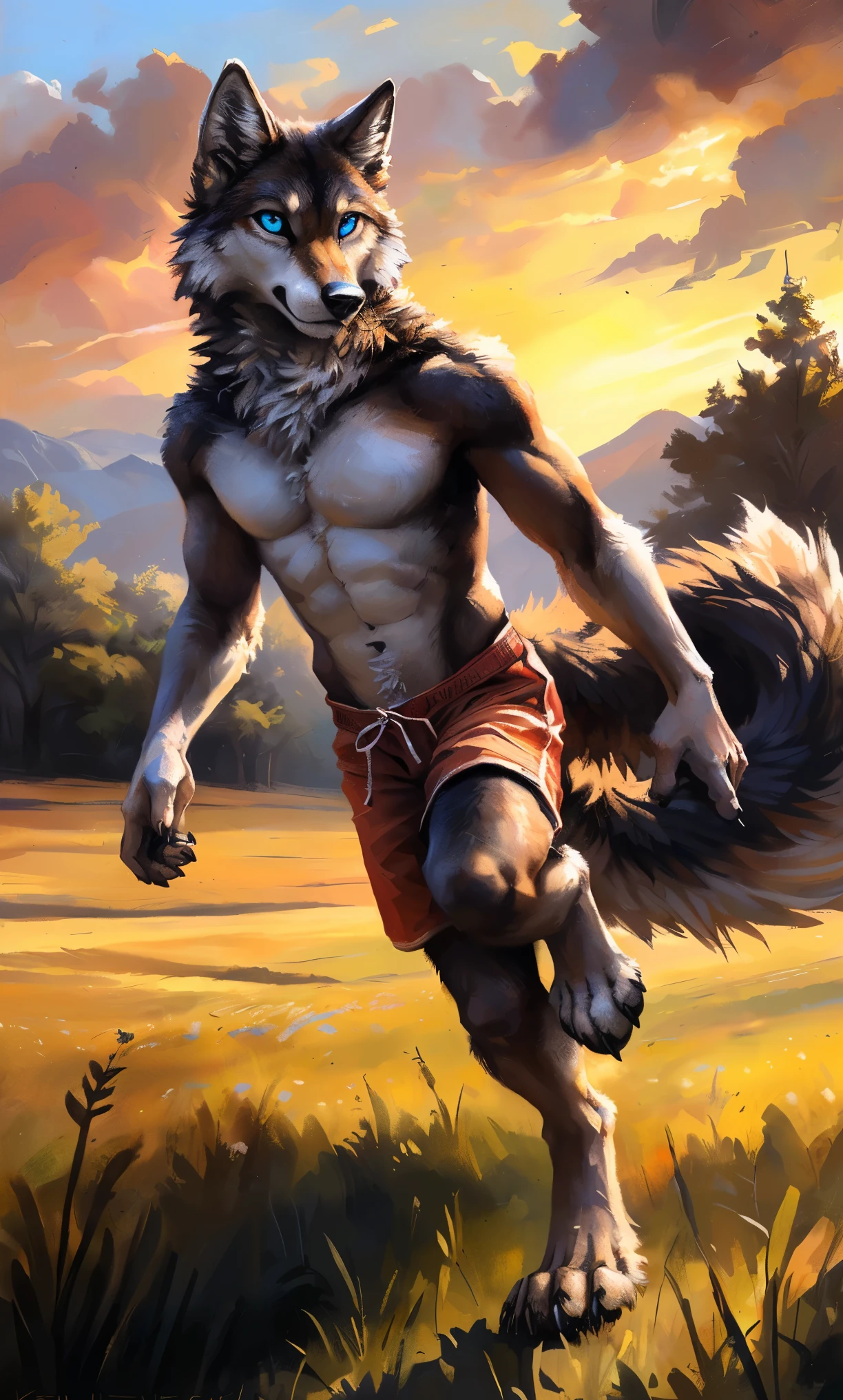 ((Solo)), male people, anthro wolf, (Multi-colored fur, White-brown:1.3，White tail pointed), (Height 2.1m,Tail length 1.2m), ((Wolf face, Big eyes, White eyelids, Blue pupil, Slim:1.2) (Tough, Calm expression:1.2)), Abs, Slim, pinging)), (Correct anatomy), (Work shorts:1.1), The upper body  naked, (detailed outfits),A long big tail，Feet，(Realistic fur, Detailed fur texture, labeled:1.3)), (Natural lighting), Photorealistic, Hyperrealistic, ultradetailed, by Kenket，Field，erect through，Running on