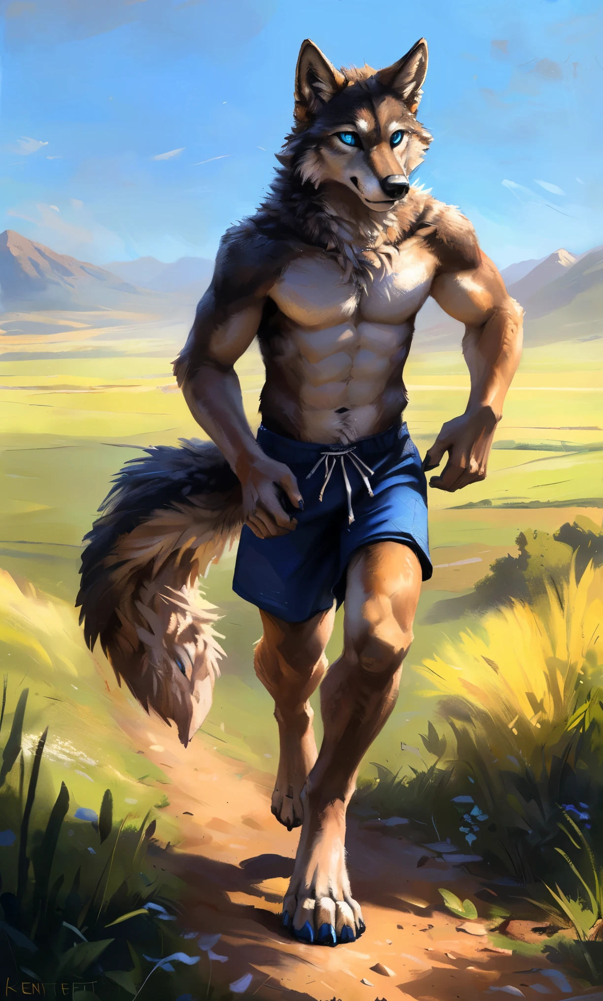 ((Solo)), male people, anthro wolf, (Multi-colored fur, White-brown:1.3，White tail pointed), (Height 2.1m,Tail length 1.2m), ((Wolf face, Big eyes, White eyelids, Blue pupil, Slim:1.2) (Tough, Calm expression:1.2)), Abs, Slim, pinging)), (Correct anatomy), (Work shorts:1.1), The upper body  naked, (detailed outfits),A long big tail，Feet，(Realistic fur, Detailed fur texture, labeled:1.3)), (Natural lighting), Photorealistic, Hyperrealistic, ultradetailed, by Kenket，Field，erect through，Running on