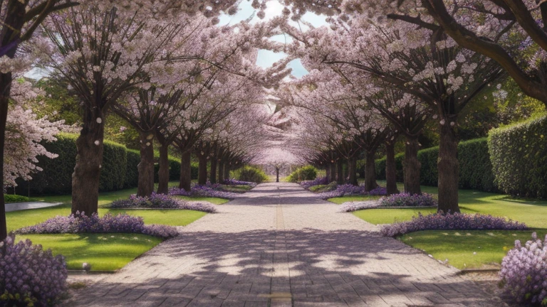 A long walkway, lined with breathtakingly beautiful trees singularly adorned with purple flowers in full bloom, forms a surreal pathway to heaven in this Tadashi Nakayama photo. The blossoming purple flower tree's flicker casts a captivating light, creating an explosion of colors and an otherworldly aura. The breathtakingly beautiful trees, with their extended branches dripping in purple petals, add to the magical and dreamy atmosphere of this creation. The floral explosion, with petals illuminated by the sunlight, brings a sense of peace and tranquility, inviting one to immerse themselves in this enchanting garden of Eden.