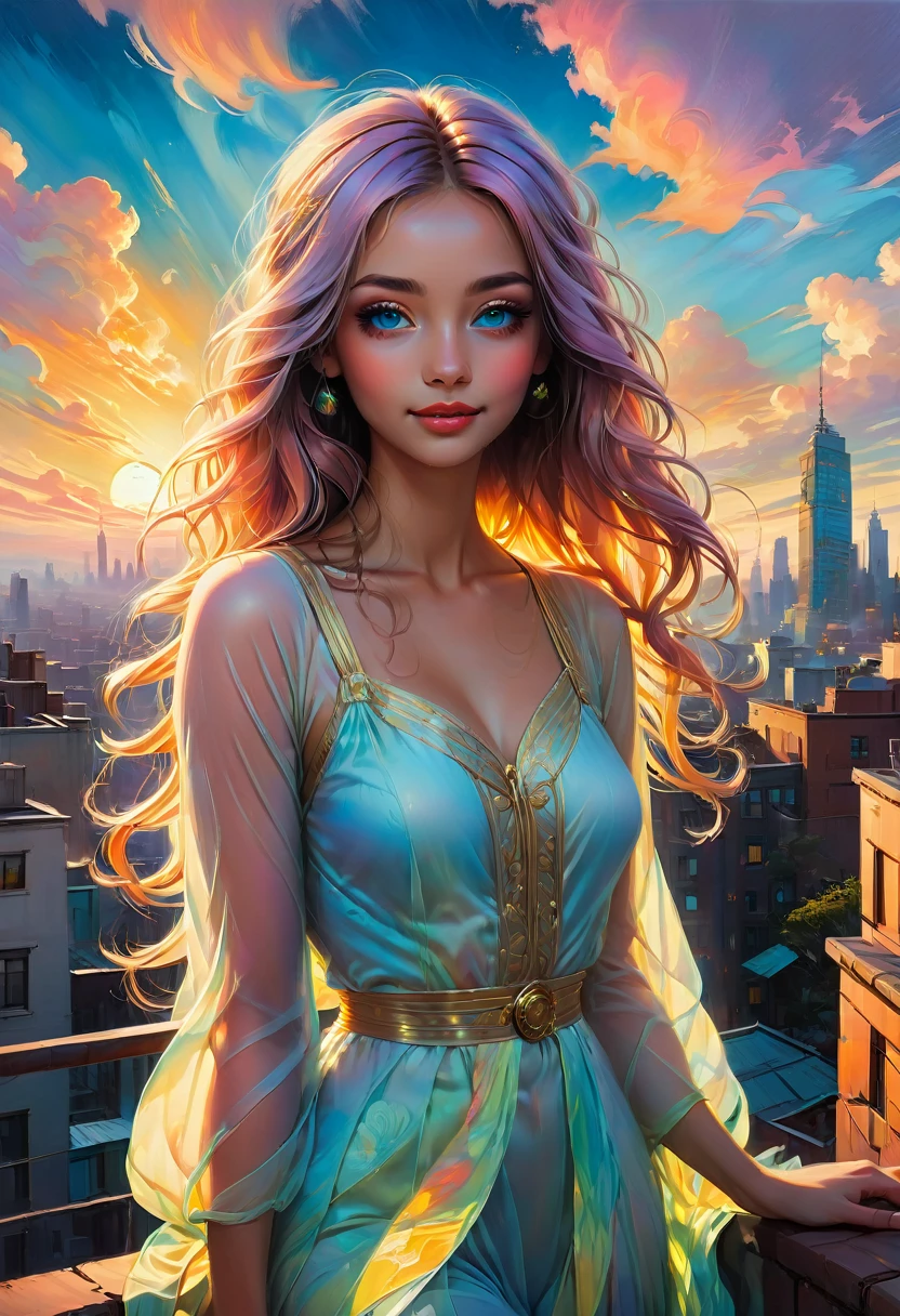 1girl,Person Standing on the Rooftop,aesthetic,scenic view,beautiful detailed eyes, beautiful detailed lips,captivating gaze,happy face,long flowing hair,graceful posture,aesthetic,artistic background,medium: oil painting,ultra-detailed,highres,vivid colors,soft light,peaceful atmosphere,(realistic:1.37),urban environment,modern city skyline, rooftops, distant mountains,sunrise or sunset, slight fog,serene and dreamy,ethereal atmosphere,intricate details,professional,expressive brushstrokes,subtle textures,impressionistic style,art deco influence,intriguing color palette,soft pastel shades,dramatic contrast,romantic elements,inspirational and thought-provoking,fluorescent hues,quirky perspective.