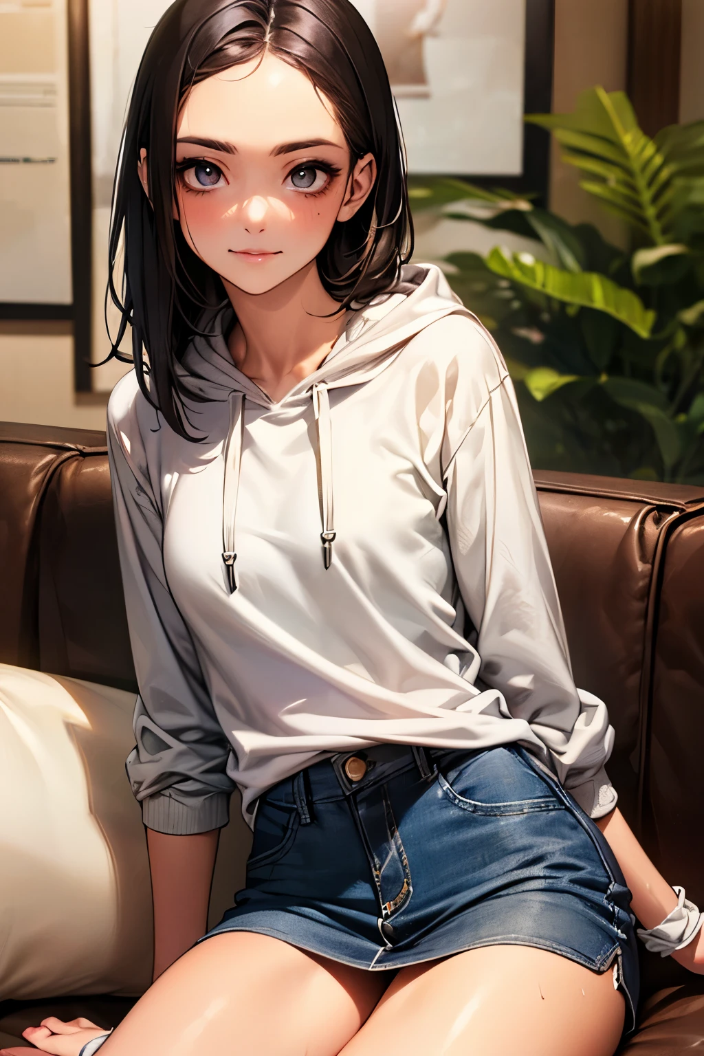 ((perfect anatomy,realistic:1.3,RAW Photography:1.3,masterpiece、highest quality、Ultra - High resolution、High resolution、Highly detailed CG、8K)),cowboy shot,1 female,solo,18-year-old、High school girl swordsman、18-year-oldの美女,Japanese,((beautiful detailed face and eyes:1.3,big gorgeous eyes:1.3,gray eyes)),black hair,long bob hair,(center parted hair,forehead),shy,smile,(medium breasts,slender body,small head:1.3,skinny),((oily skin)),(gleaming skin,shiny skin),(white hoodie sweat shirt,Denim mini skirt、White socks、white sneakers),sitting,Coffee shop、Simple sofa、Tokyo、