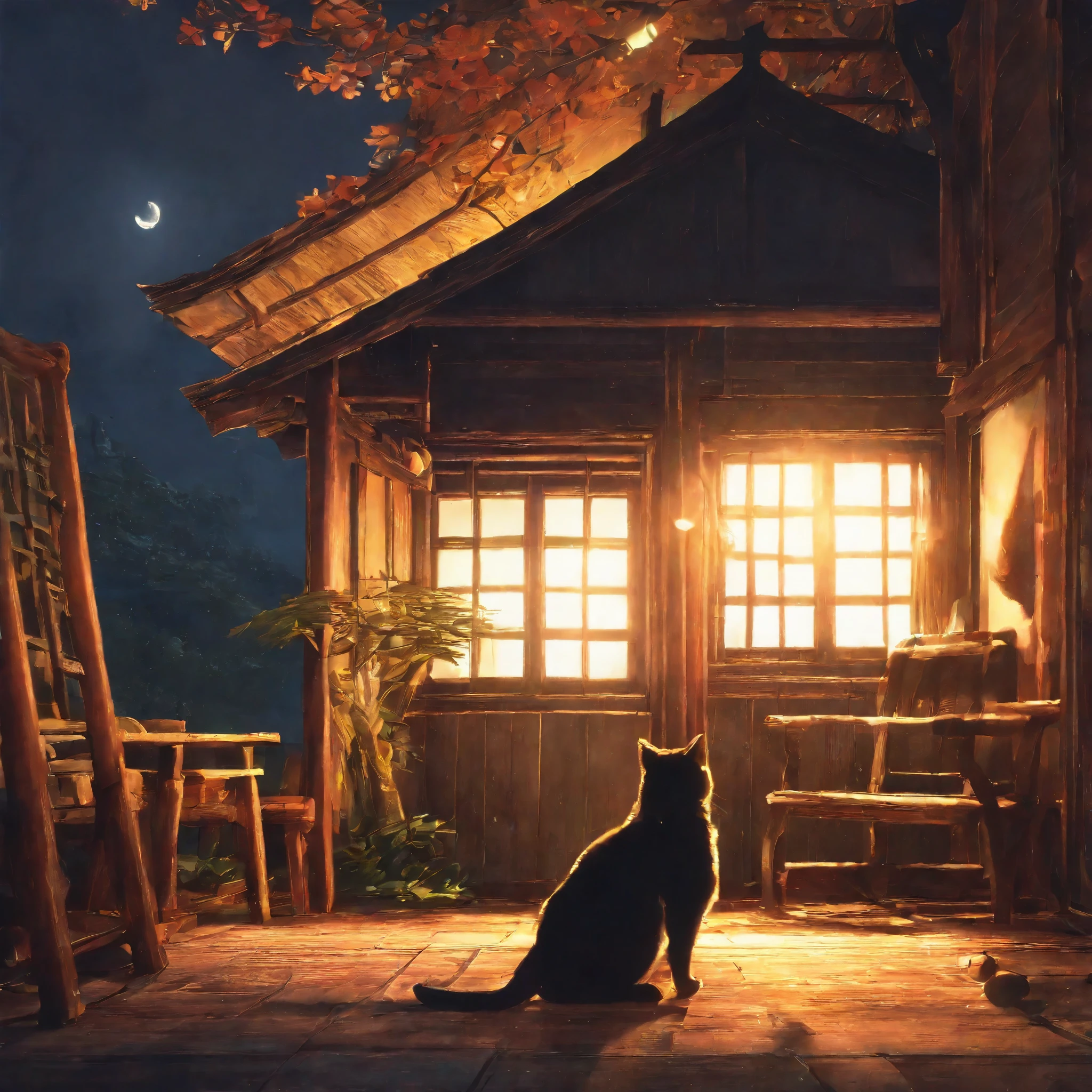 highres, absurdres, detailed background, cat, dog, User Interface of fps game, night, japanese house, deteriorated furniture, windows, moonlight, good lighting, cinematic shadow,