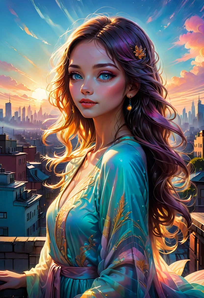 1girl,Person Standing on the Rooftop,aesthetic,scenic view,beautiful detailed eyes, beautiful detailed lips,captivating gaze,happy face,long flowing hair,graceful posture,aesthetic,artistic background,medium: oil painting,ultra-detailed,highres,vivid colors,soft light,peaceful atmosphere,(realistic:1.37),urban environment,modern city skyline, rooftops, distant mountains,sunrise or sunset, slight fog,serene and dreamy,ethereal atmosphere,intricate details,professional,expressive brushstrokes,subtle textures,impressionistic style,art deco influence,intriguing color palette,soft pastel shades,dramatic contrast,romantic elements,inspirational and thought-provoking,fluorescent hues,quirky perspective.