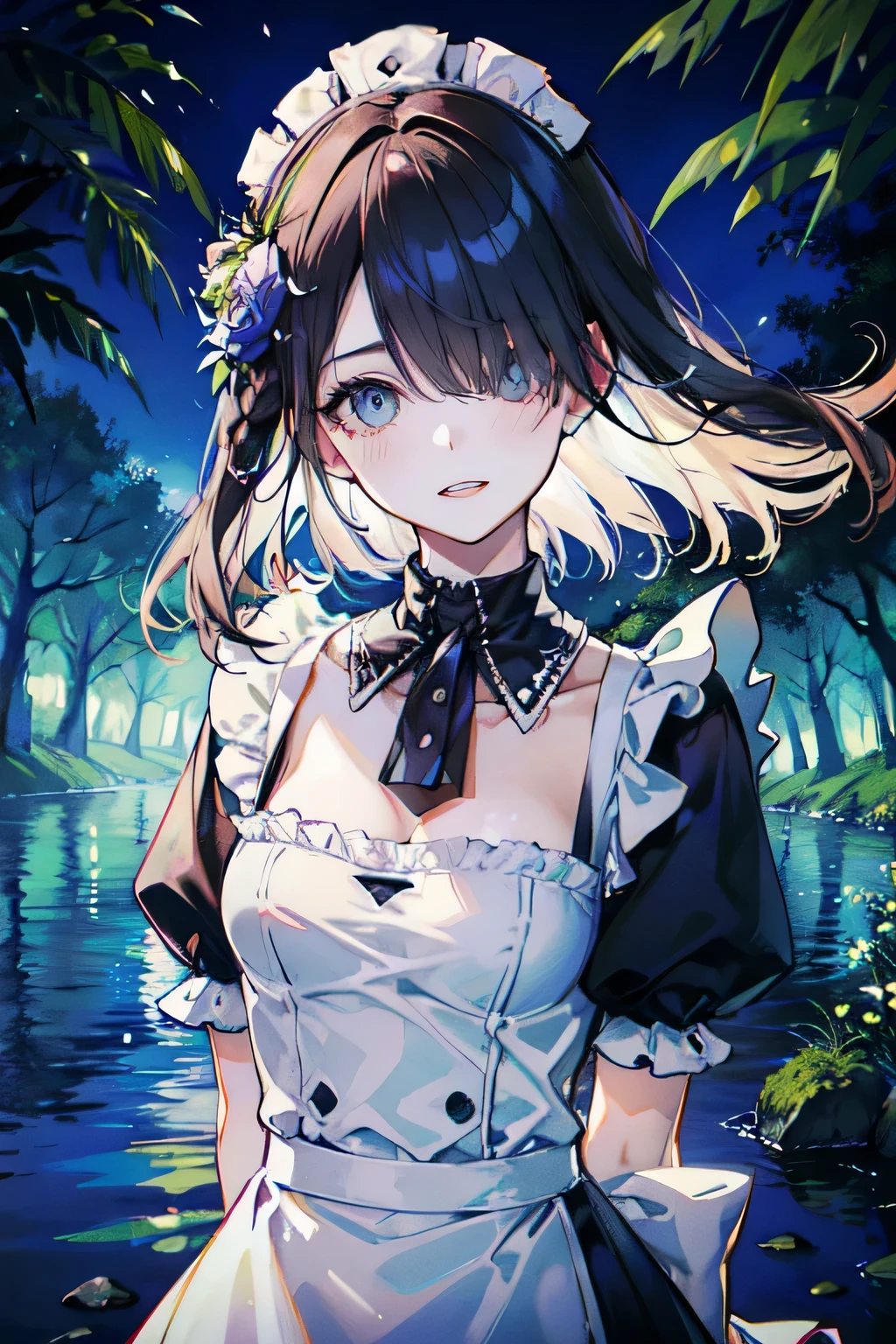 (highest quality, Detailed Background, High resolution, Absurd, bloom, disheveled hair, shiny hair, Exposed to lighting, Bright Eyes, Dedicated detailed eyes), One girl, earphone, long hair, black hair, big_chest, Put your arms behind your back, Daytime, Outdoor, forest, water, stream, hair_ornament, (hair over one eye), Upper Body, Portraiture, Wearing a maid outfit