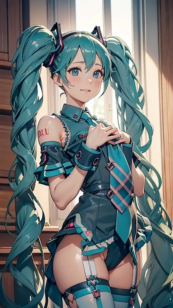 Super detailed, NSFW, masterpiece, High resolution, Photorealistic digital art, perfect lighting, (((1 girl, perfect anatomy))), accurate right hand, accurate left hand, five fingers, perfect style, (((hatsune miku,))) 3d face, big light blue-green eyes, glossy lips, blue-green long hair, shiny skin, A relaxed smile, (((twin tails))), big square hair accessories, (Miranda), Big Breasts, View from below,