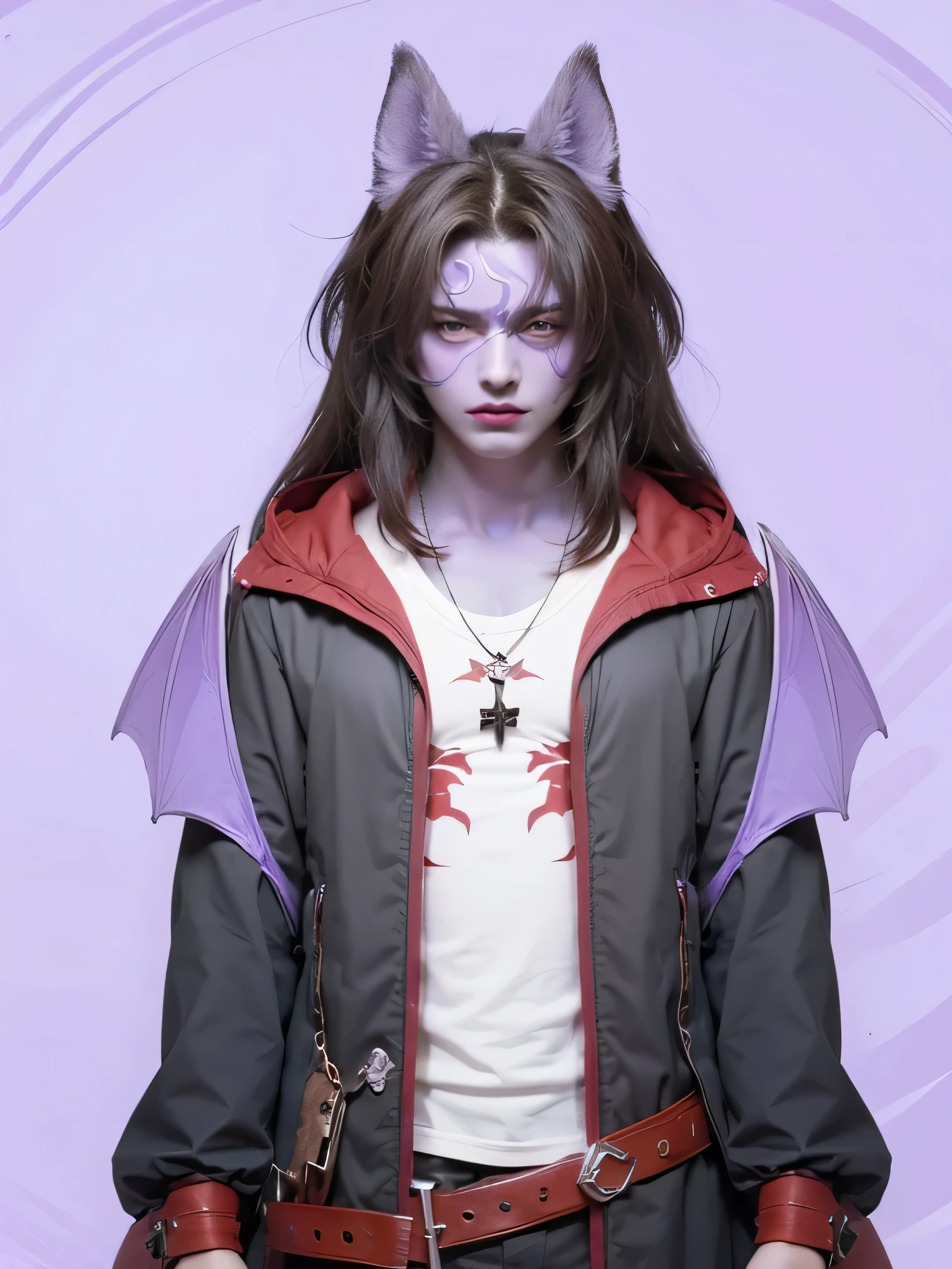 a man with bat ears and bra top, hiperrealista, commission for high resolution, ((Purple skin)), demon anime man, demon man, seis olhos, Purple colored skin, vestindo um sobretudo cinza, multiple eyes, dragon skin