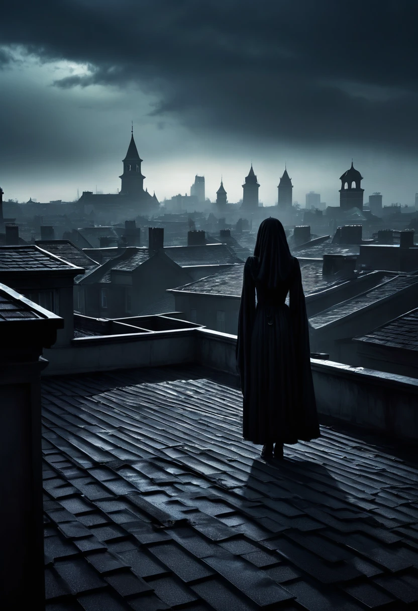 (best quality,4k,8k,highres,masterpiece:1.2),ultra-detailed,(realistic,photorealistic,photo-realistic:1.37),Horror on rooftop,arafed person,Dark aura,ominous atmosphere,gloomy shadows,mysterious figure,silhouetted monsters,haunting presence,twisted grotesque elements,Dramatic lighting,foggy backdrop,sinister expression,creepy creatures,lurking danger,eerie ambiance,nightmarish scene,unseen horrors,haunted environment,ominous rooftop setting,dreadful atmosphere,suspenseful rooftop encounter,gothic architecture,uncanny rooftop shadows,unearthly presence,macabre atmosphere,spooky rooftop silhouette,haunting rooftop view,blood-curdling scene,terrifying rooftop encounter,frightful atmosphere,unseen terrors,menacing rooftop figures,distant screams,unnerving rooftop landscape,horror lurking above,paranormal entities,dark secrets revealed,nightmarish rooftop landscape