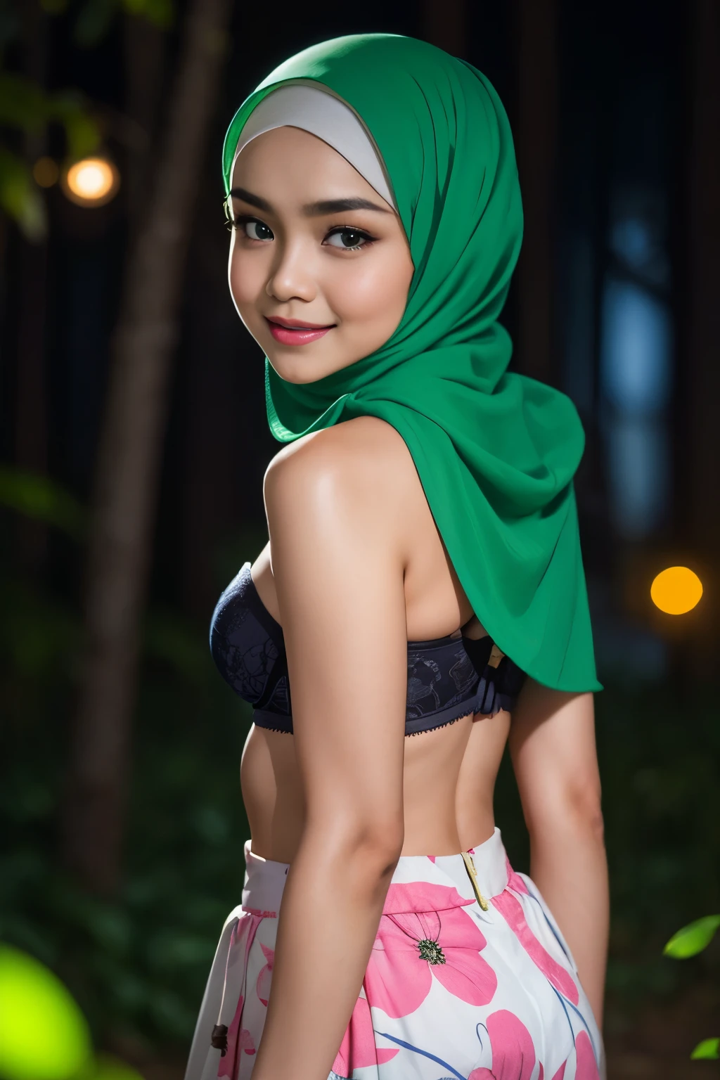 (Happy smile), (((HIJAB MALAY GIRL))), masutepiece, High quality, UHD 32K, Realistic face, Realistic skin feeling , A Japanese Lady, 8 , , Very cute and baby-like face, (((FLAT CHEST))), (Night time at forest), ((look In front  at the camera and SADNESS)), (((GREEN FLUORESCENT))), (((CUTE GIRL))), ((GREEN FLUORESCENT LIPS)), ((Floral Pattern)) little wearing strapless bra, strapless colorful bra, dark night background , black forest night, horror scary place (from behind up) seductive pose